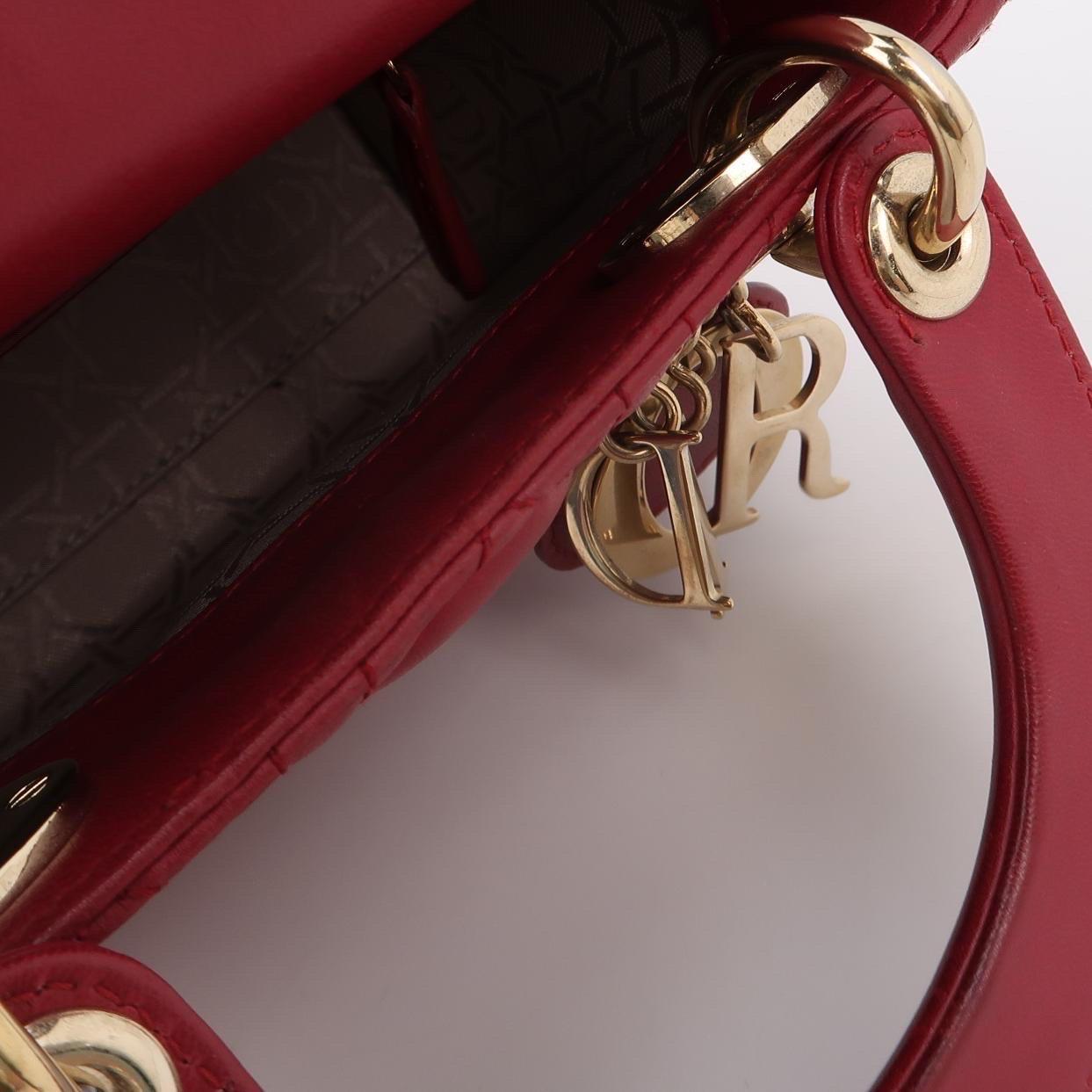 Lady Dior Mini Red Lambskin Leather Gold HW Chain Strap For Sale 5