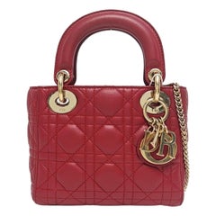 Lady Dior Mini Red Lambskin Leather Gold HW Chain Strap