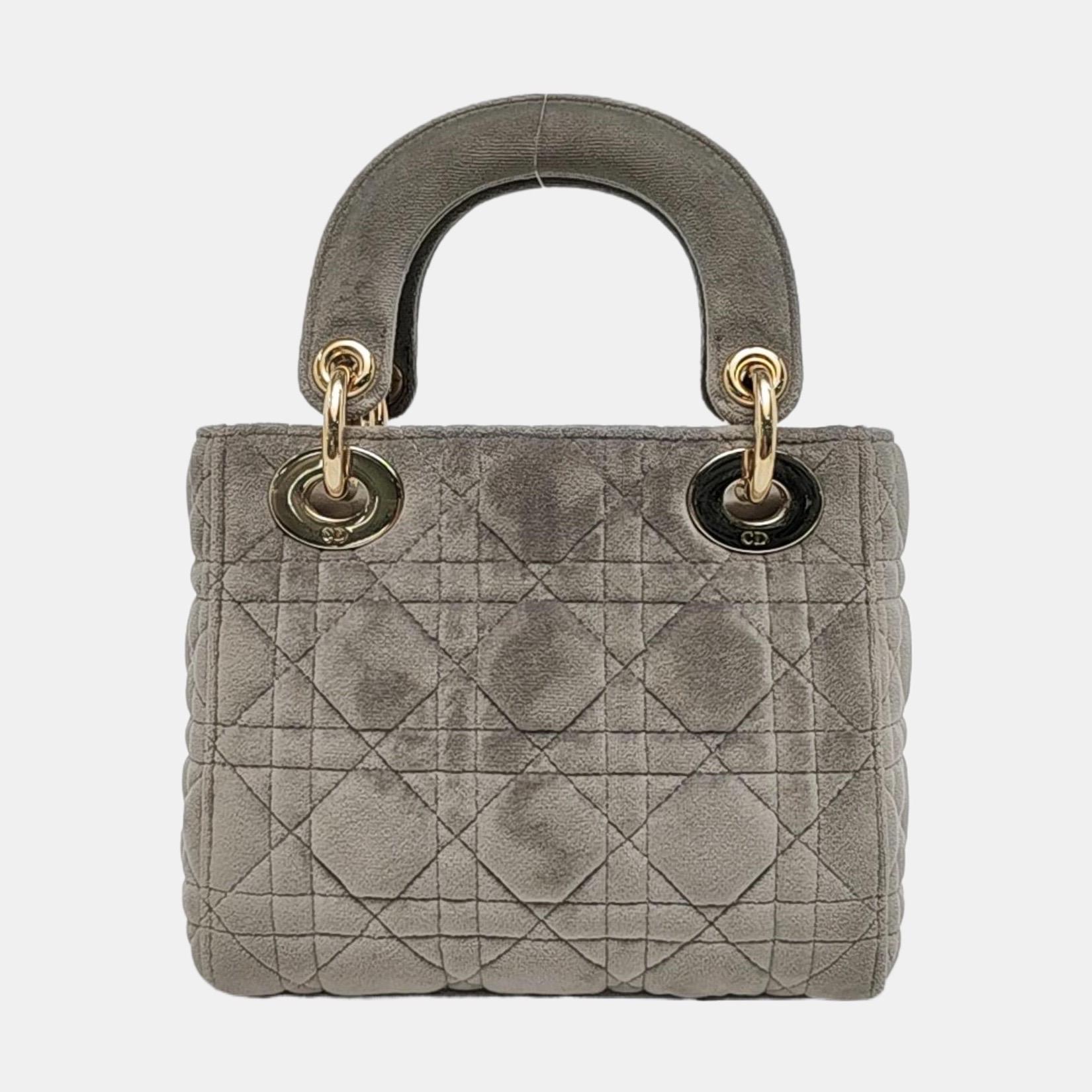 Gris Lady Dior Mini velours gris Cannage or Bracelet en chaîne en vente
