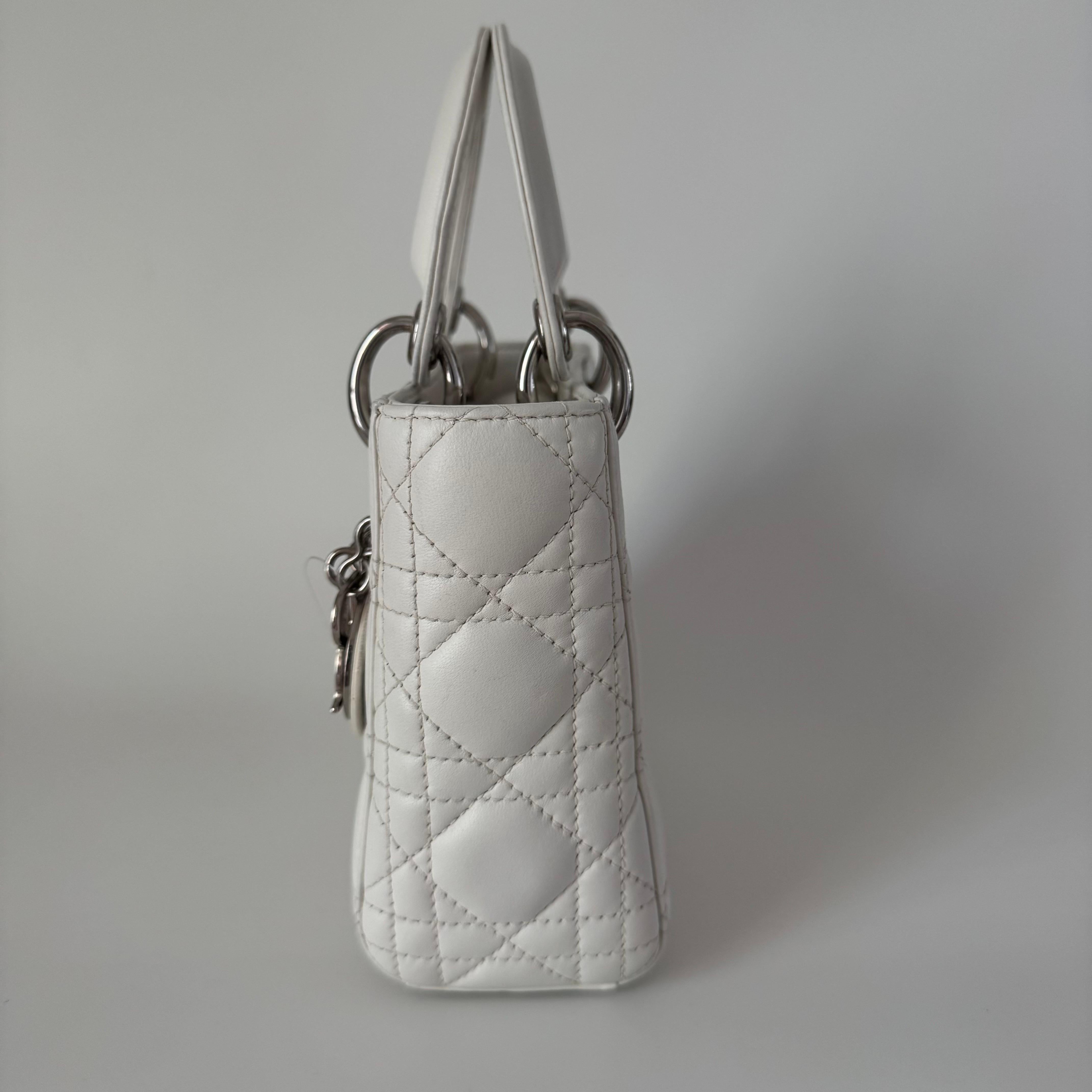 Gray Lady Dior Mini White Lambskin Leather Silver HW Chain Strap 2018