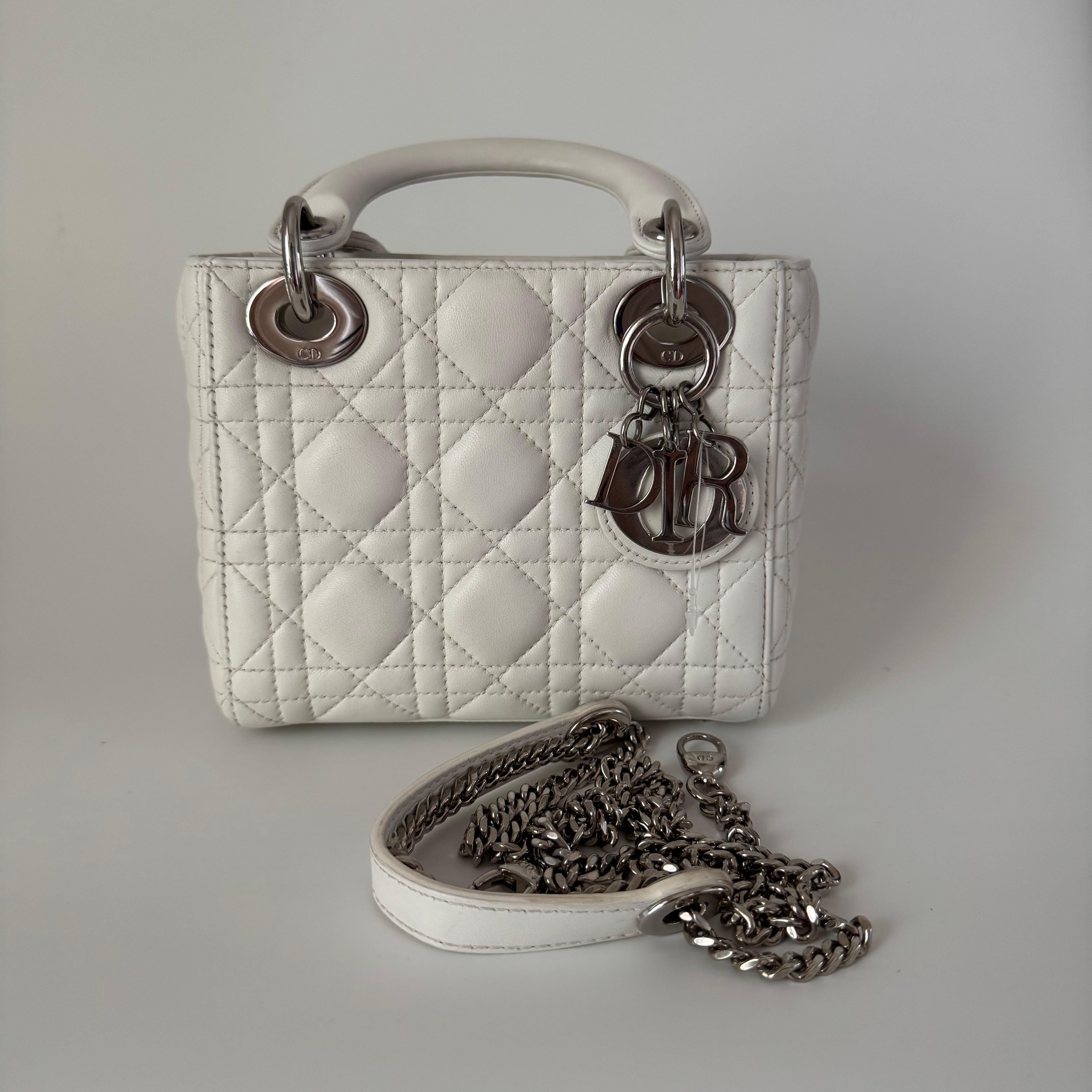 Women's Lady Dior Mini White Lambskin Leather Silver HW Chain Strap 2018