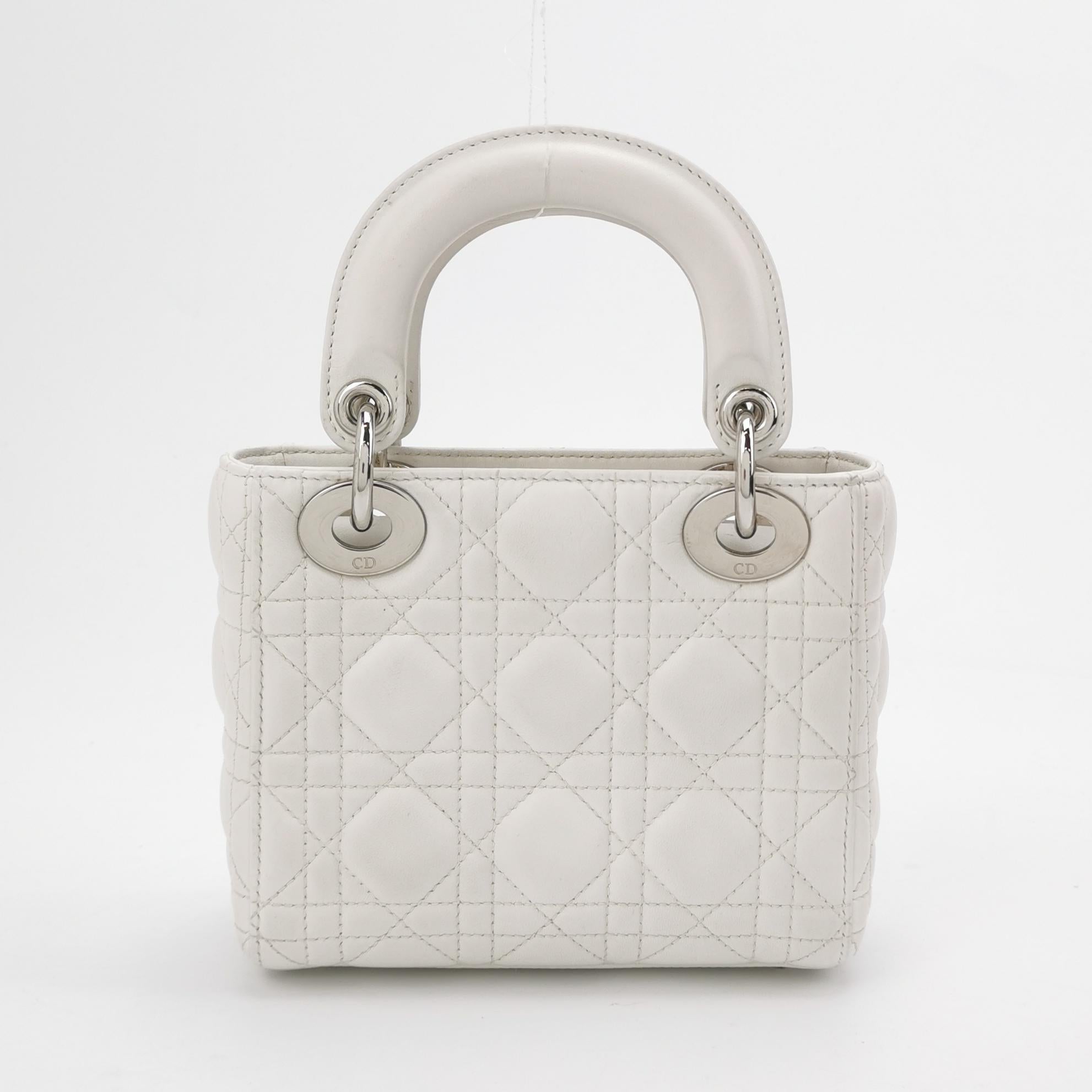 Lady Dior Mini White Lambskin Leather Silver HW Chain Strap 2018 2