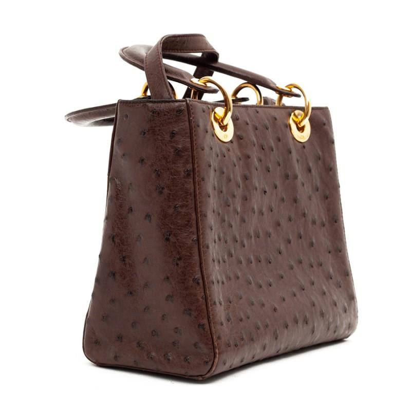 Lady Dior Ostrich Cocoa Brown Handbag In Good Condition In Paris, FR