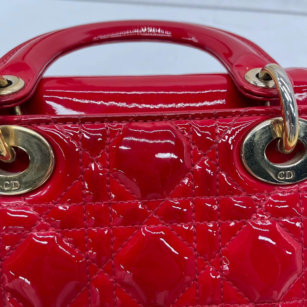 Lady Dior Patent Leather Red Mini handbag with gold hardware 11