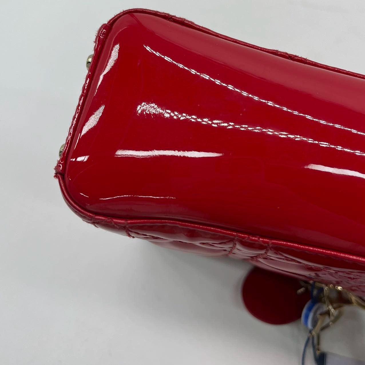 Lady Dior Patent Leather Red Mini handbag with gold hardware 13