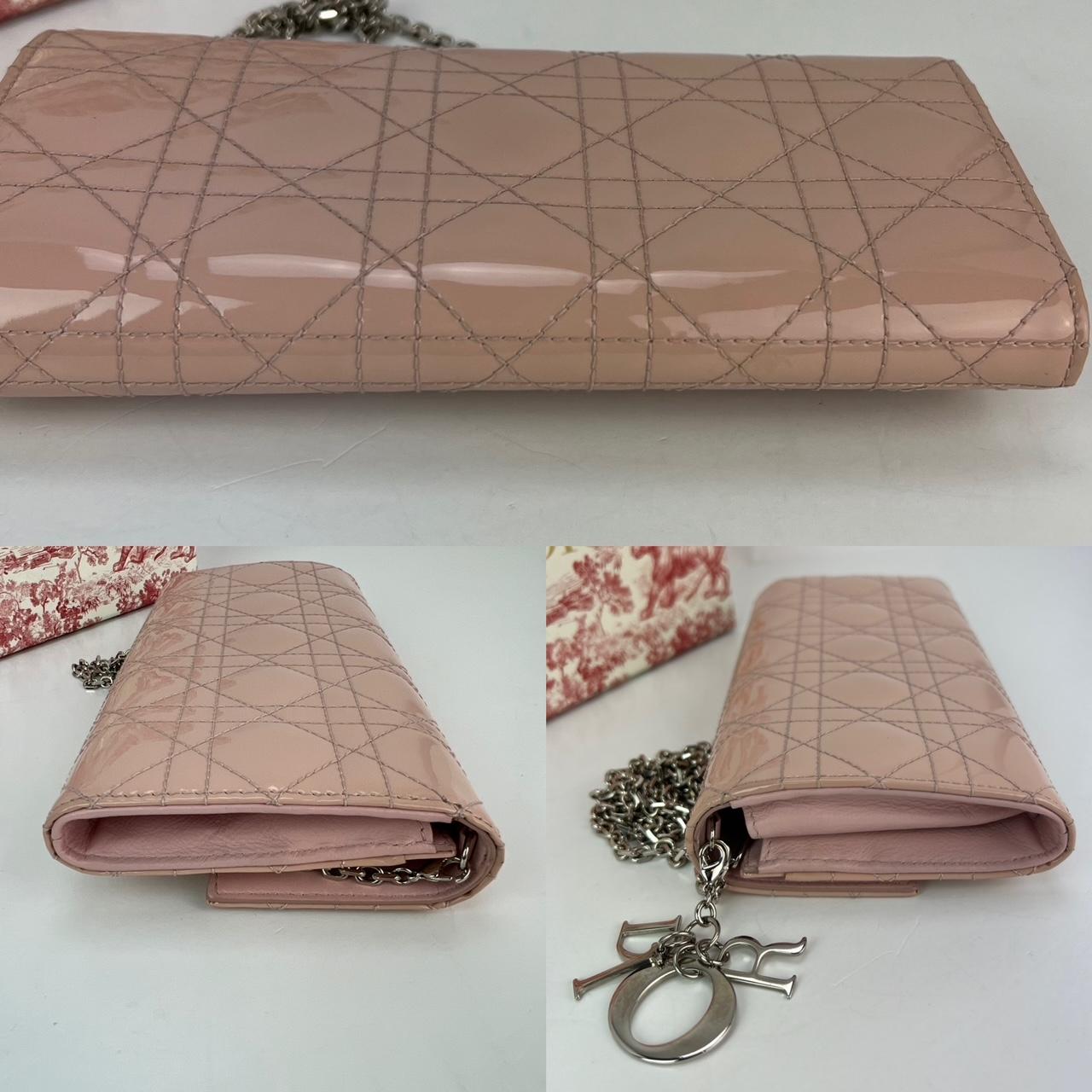 Women's Lady Dior Pouch Pink Patent Leather Cannage Wallet on a Chain Clutch 
