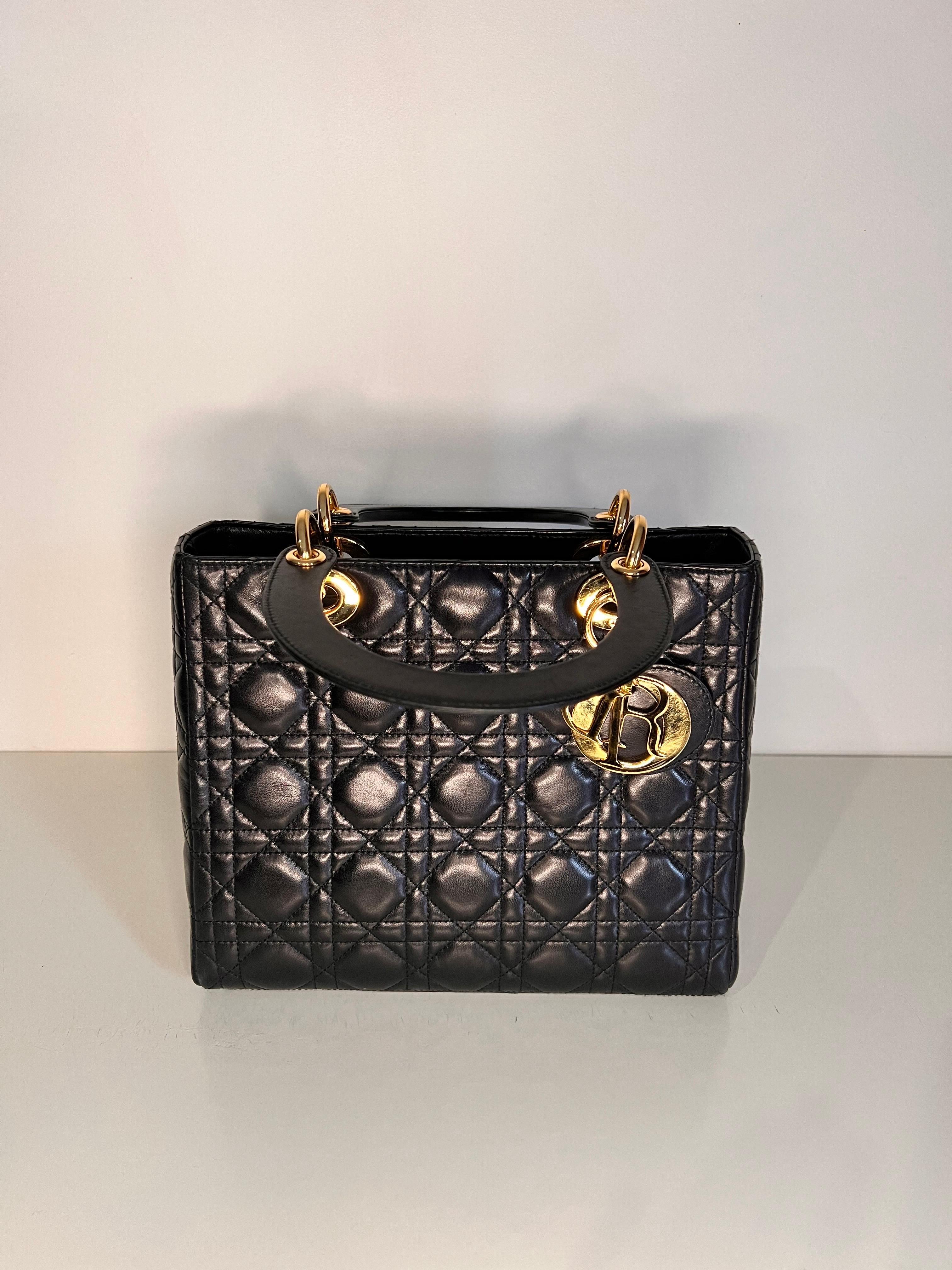 Women's or Men's Lady DIOR quilted handbag with gold hardware, famously worn by Princess Diana 