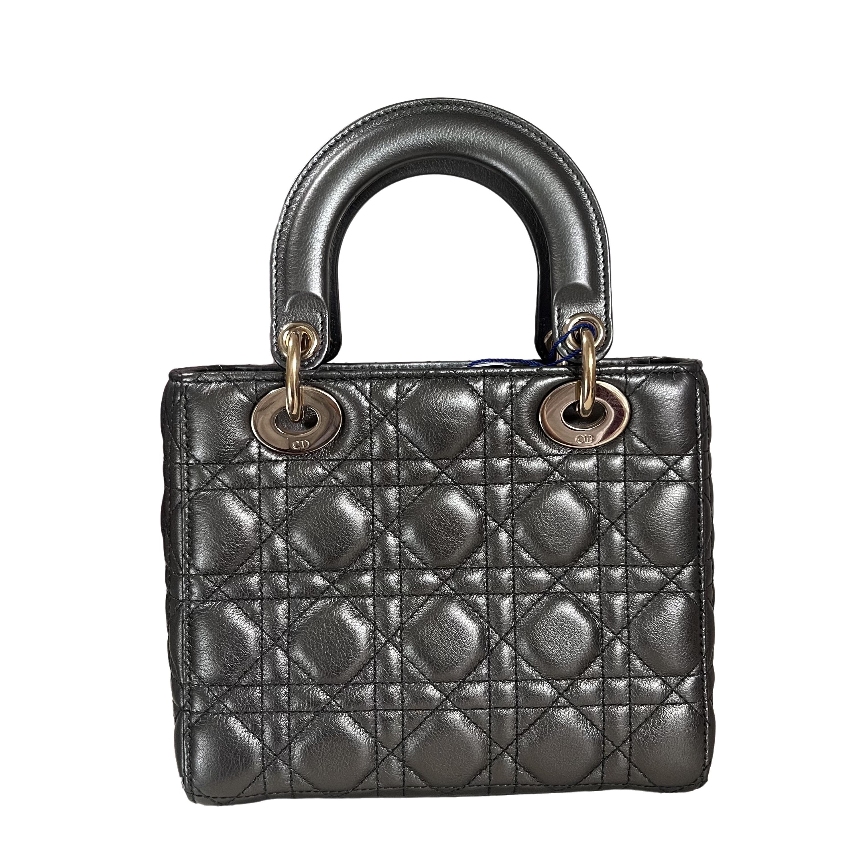 Lady Dior Small ABCdior Gunmetal Grey Cannage Lambskin Handbag with ABC Strap In Excellent Condition In AUBERVILLIERS, FR