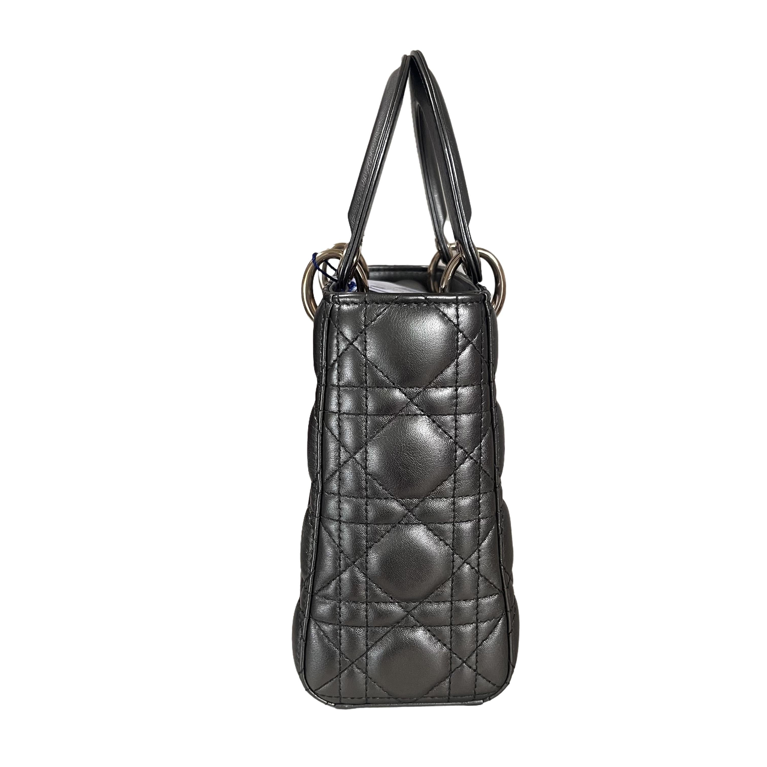 Women's Lady Dior Small ABCdior Gunmetal Grey Cannage Lambskin Handbag with ABC Strap