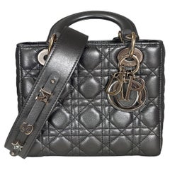Used Lady Dior Small ABCdior Gunmetal Grey Cannage Lambskin Handbag with ABC Strap