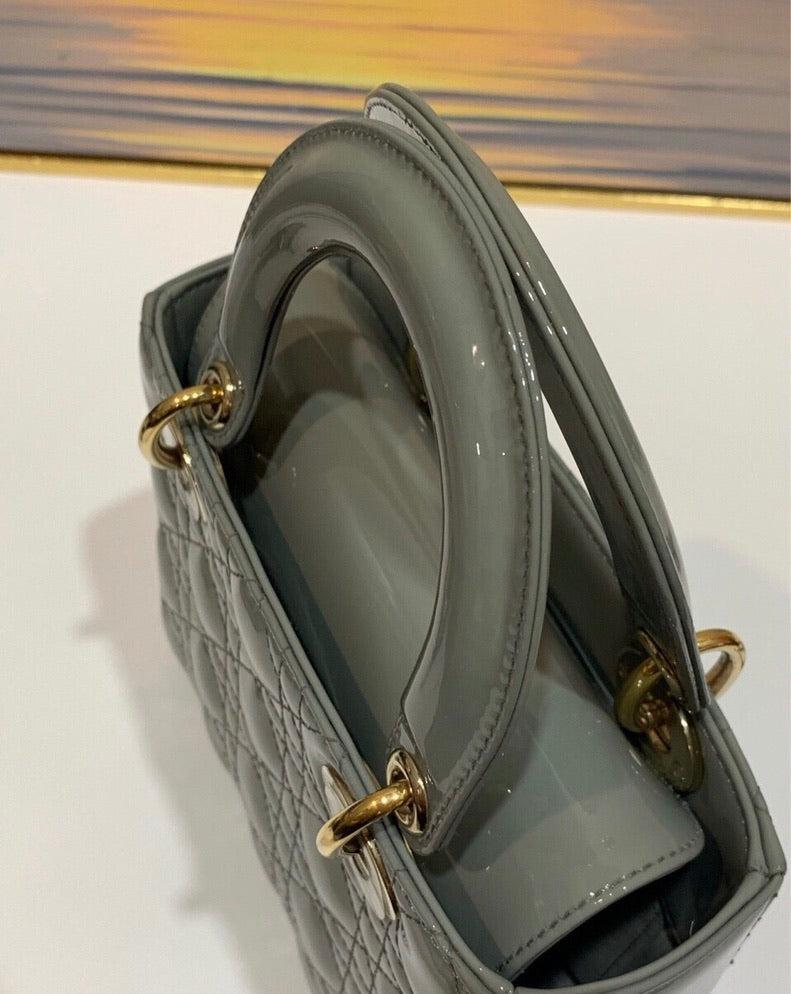 Lady Dior Small Grey Patent Leather with Strap For Sale 10