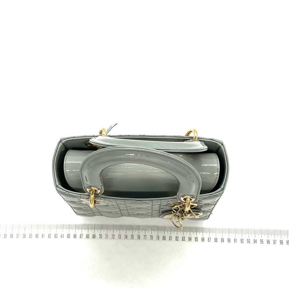 Gray Lady Dior Small Grey Patent Leather with Strap For Sale