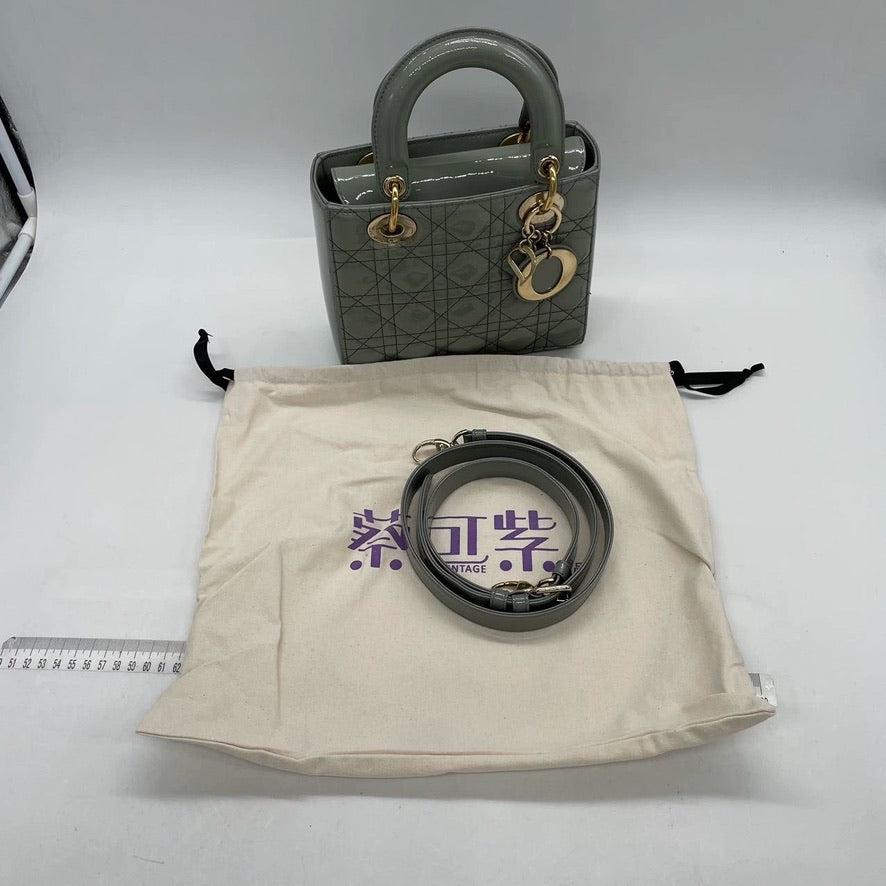 Lady Dior Small Grey Patent Leather with Strap For Sale 1