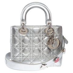 Tracolla per borsa piccola Lady Dior in pelle cannage argento metallizzato , PHW