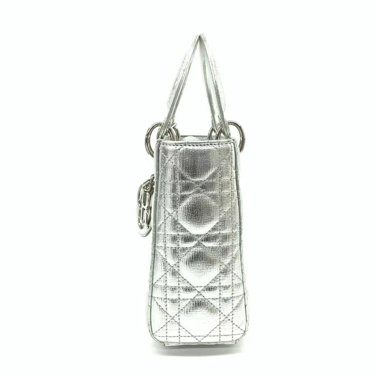 Lady Dior Small My Abcdior Cannage Leather Silver with Strap In Excellent Condition In AUBERVILLIERS, FR