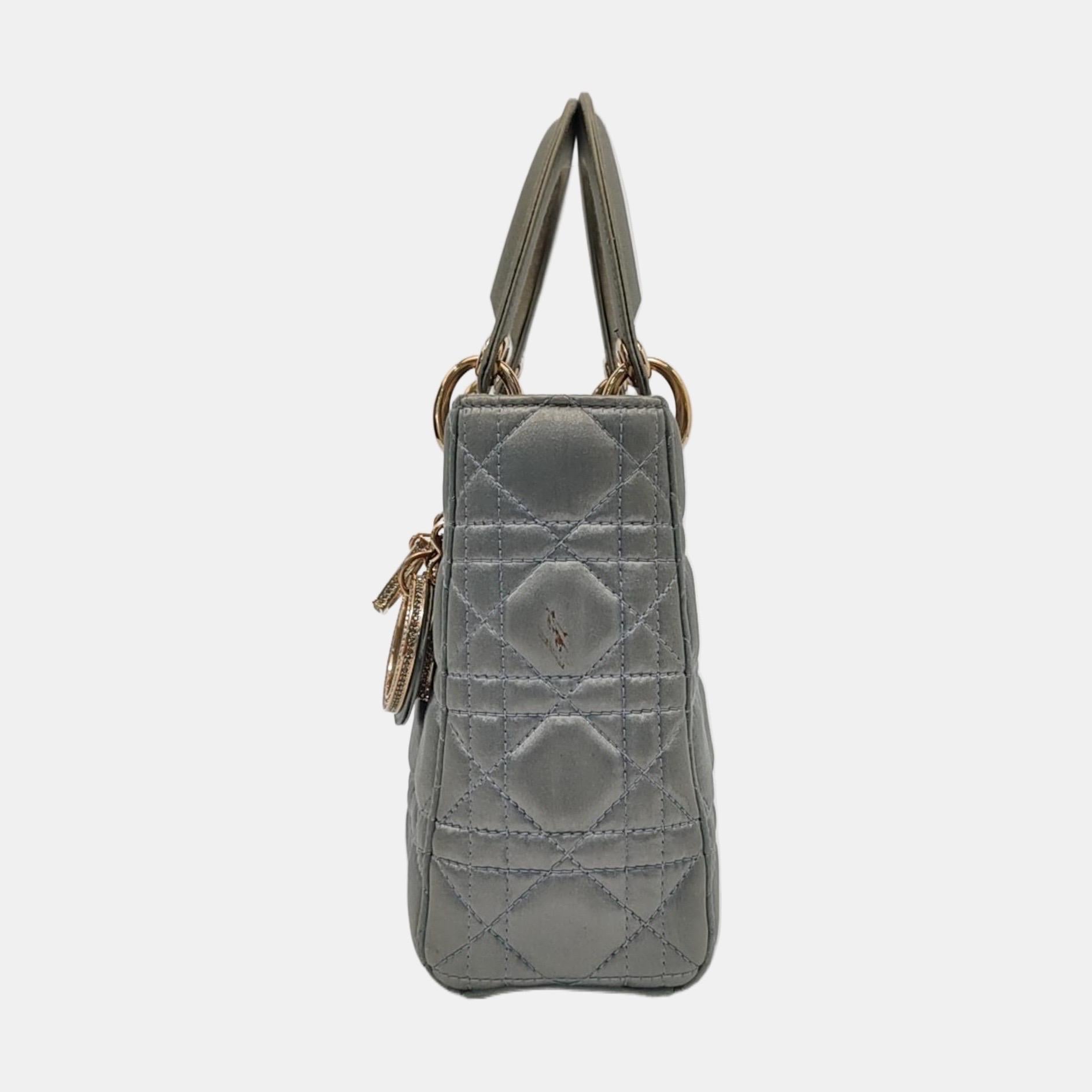 Gray Lady Dior Small My AbcDior Grey Silk Handbag Crystal Charms For Sale