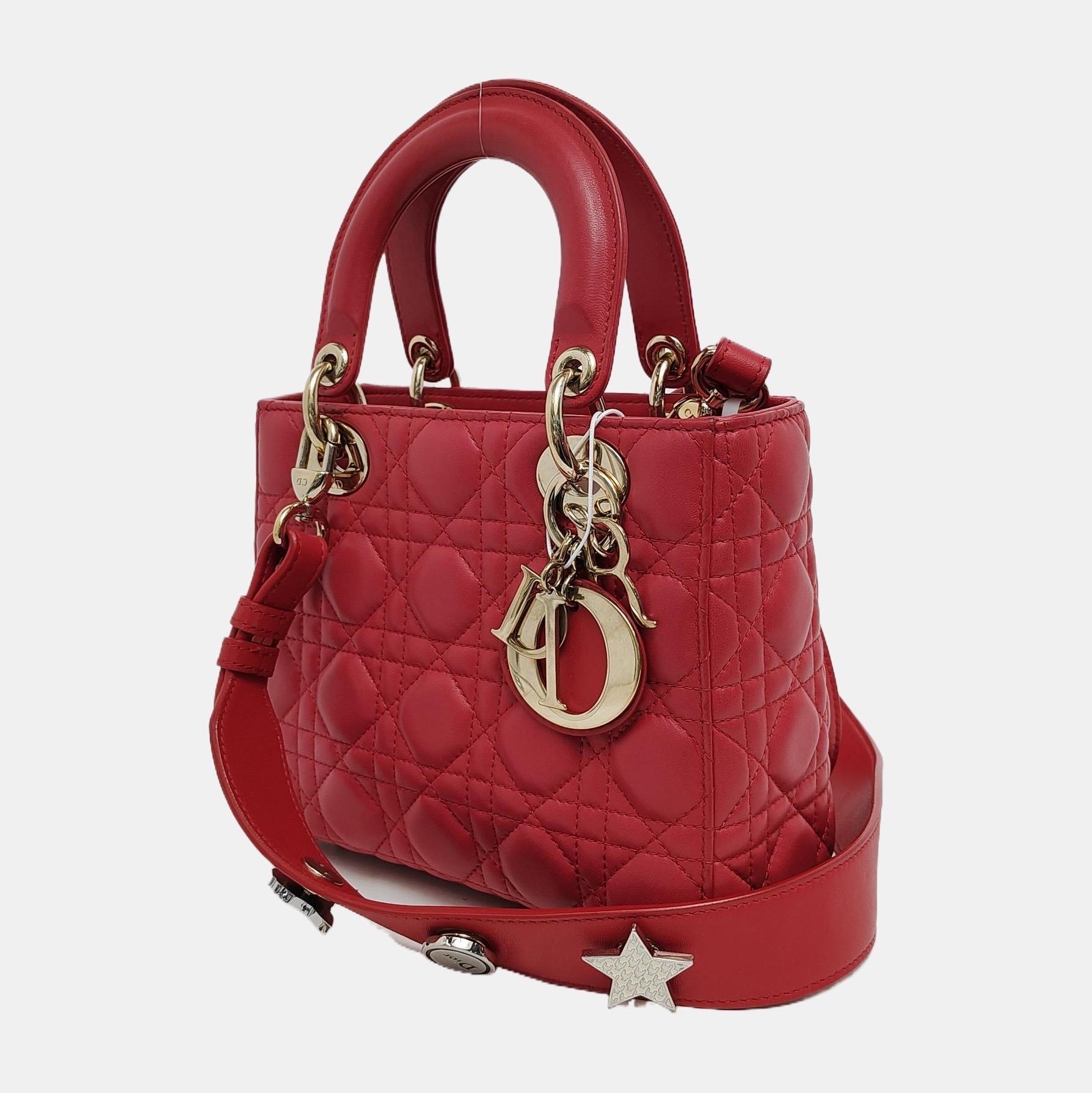 Lady Dior Small My Abcdior Red Lambskin Cannage Leather Gold Hardware In Excellent Condition In AUBERVILLIERS, FR