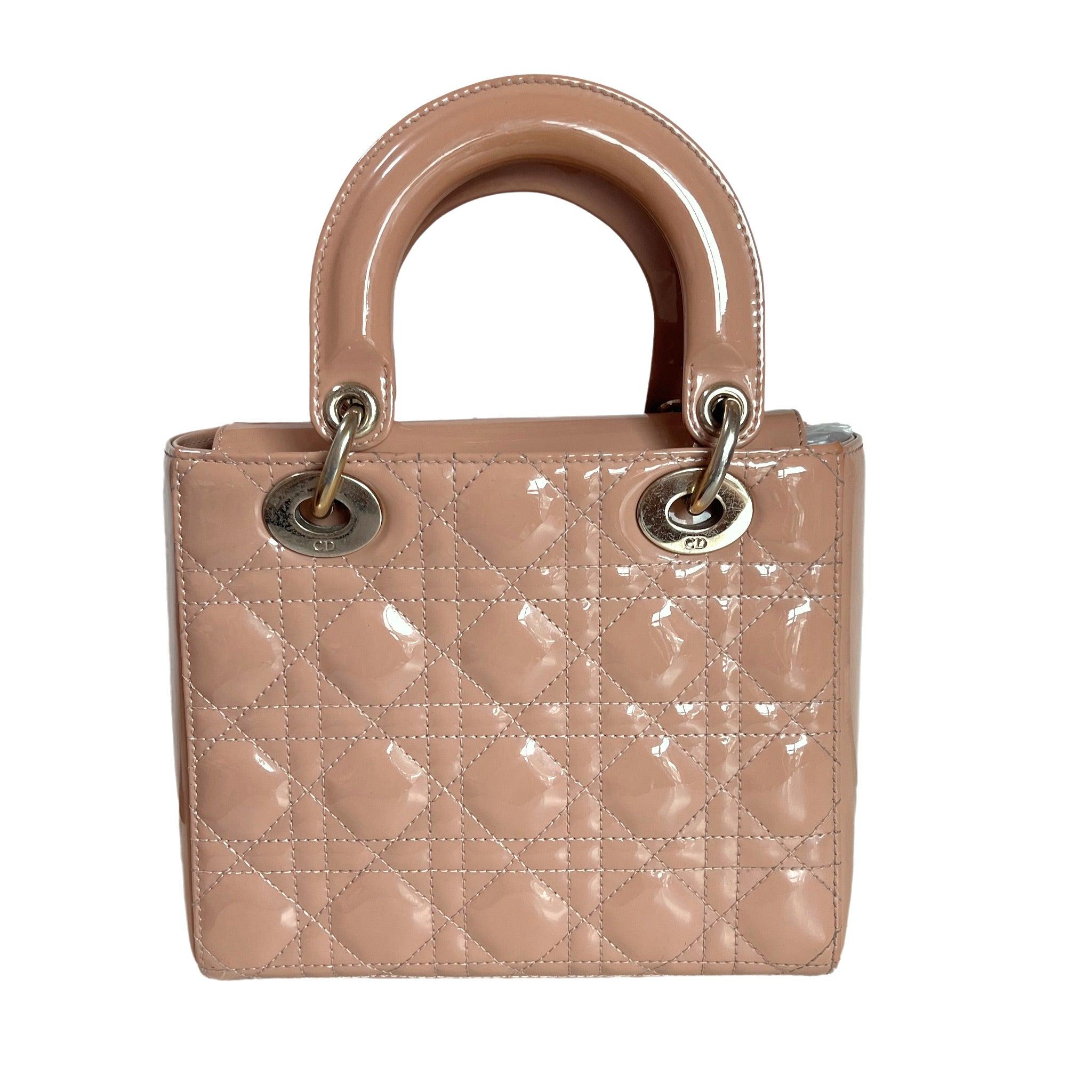 Lady Dior Small Nude Beige Patent Leather with Strap In Excellent Condition In AUBERVILLIERS, FR