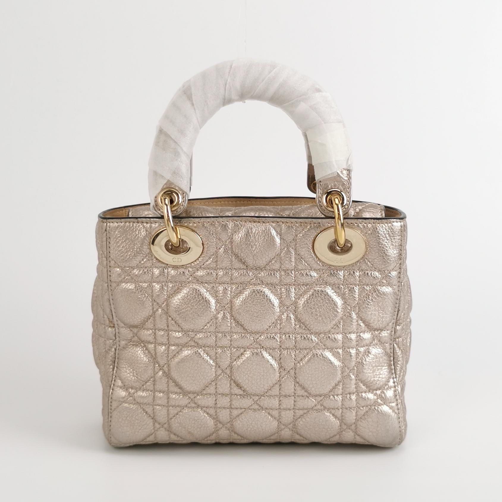 Brown Lady Dior Small Supple Calfskin Leather Champagne Gold Cannage Handbag  Strap For Sale