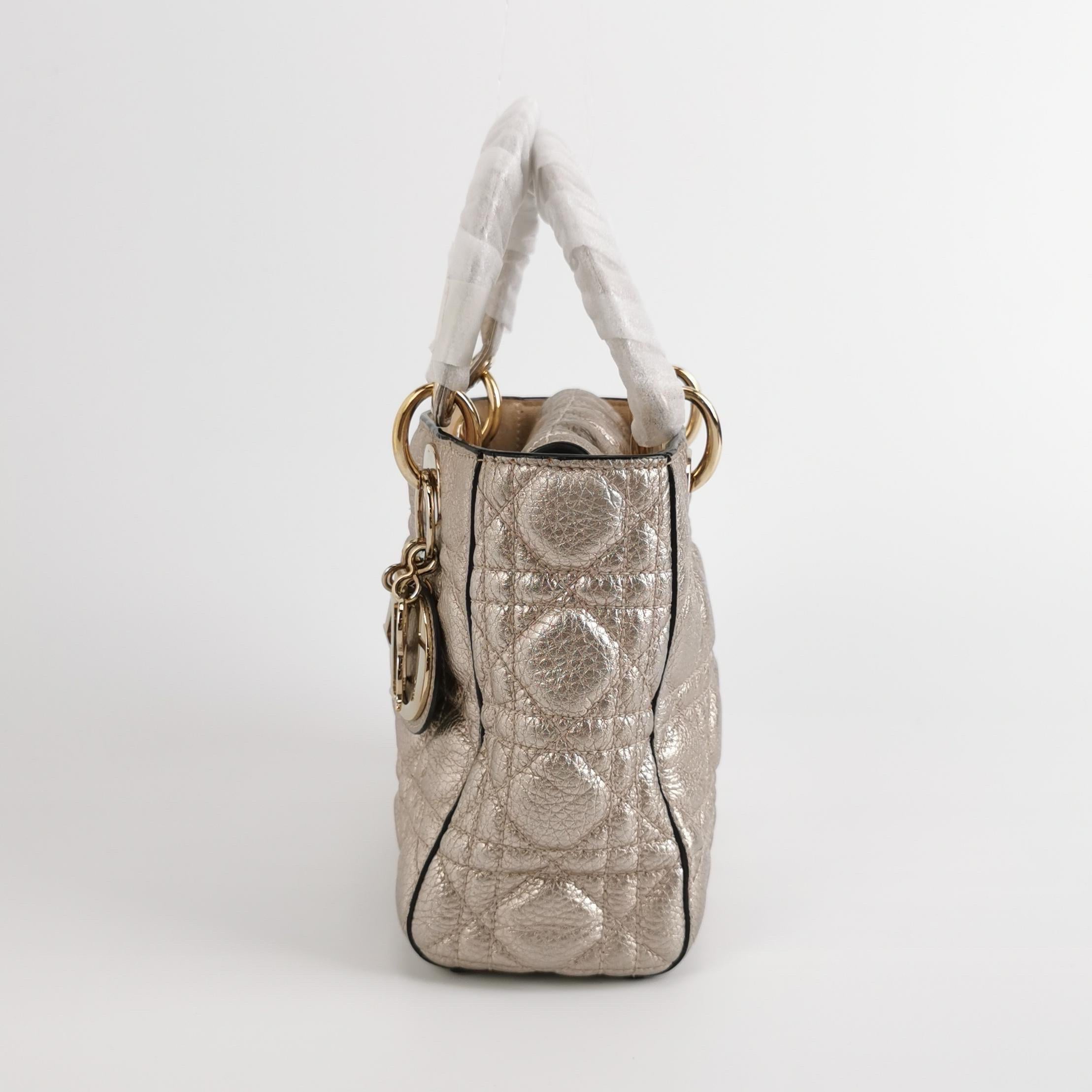 Lady Dior Small Supple Calfskin Leather Champagne Gold Cannage Handbag  Strap In Good Condition For Sale In AUBERVILLIERS, FR