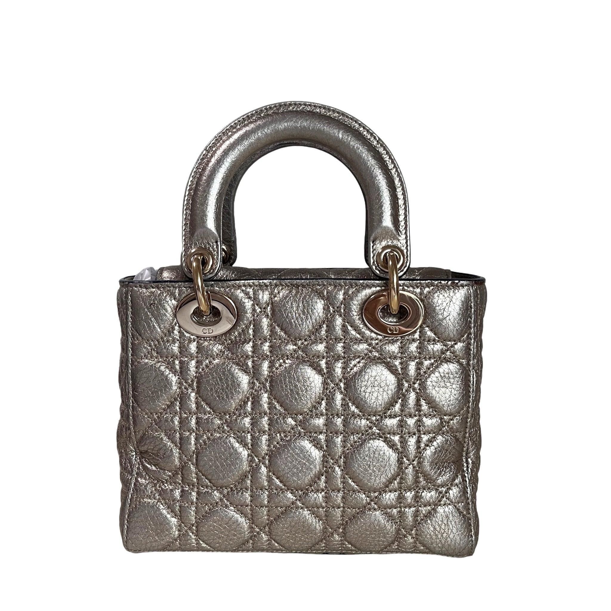 Lady Dior Small Supple Calfskin Leather Gold Cannage Handbag with Strap
  These are professional photos of the actual bag.
  This Lady Dior Mini Supple Calfskin Leather Gold Cannage Handbag with Strap is crafted from supple calfskin leather and