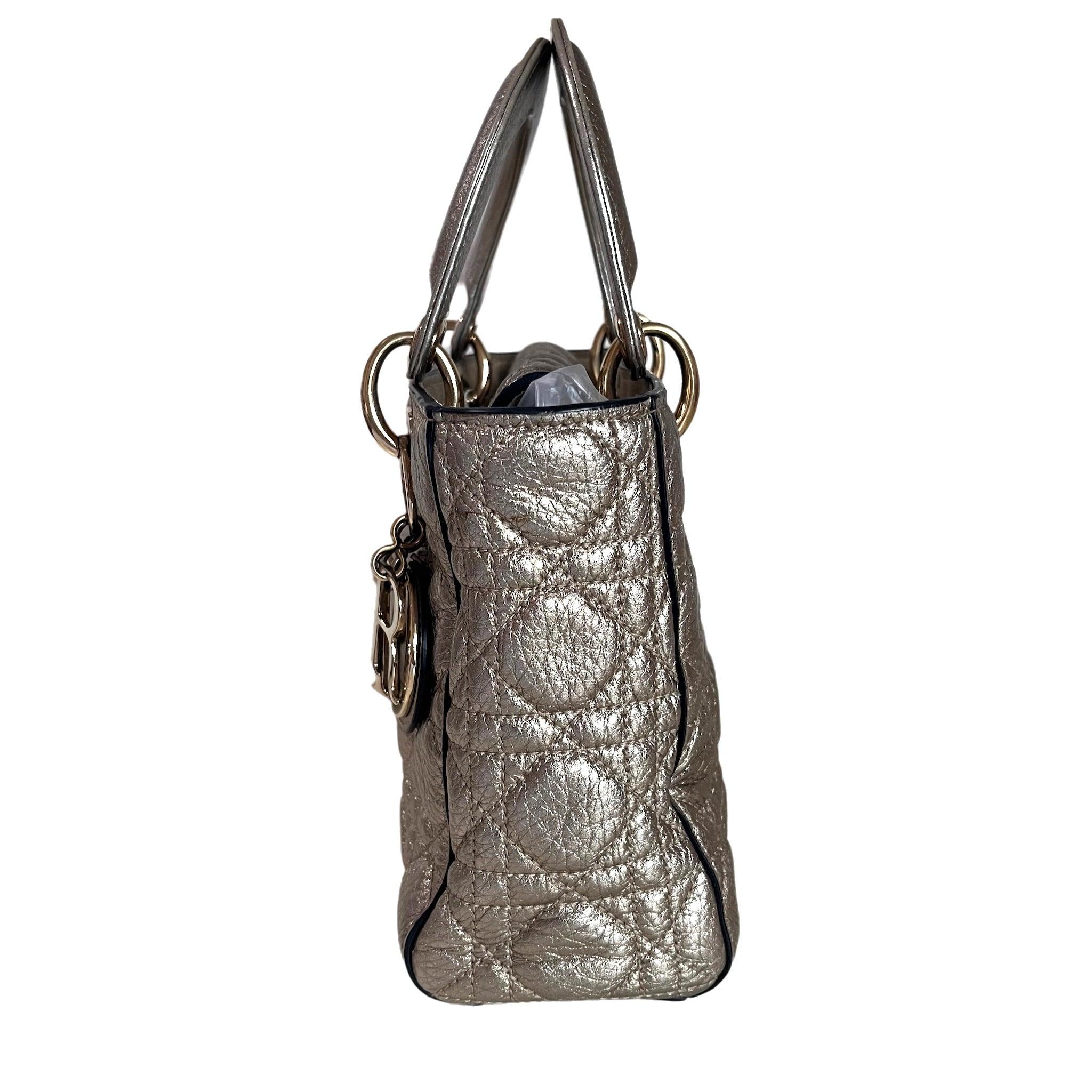 Gray Lady Dior Small Supple Calfskin Leather Gold Cannage Handbag with Strap