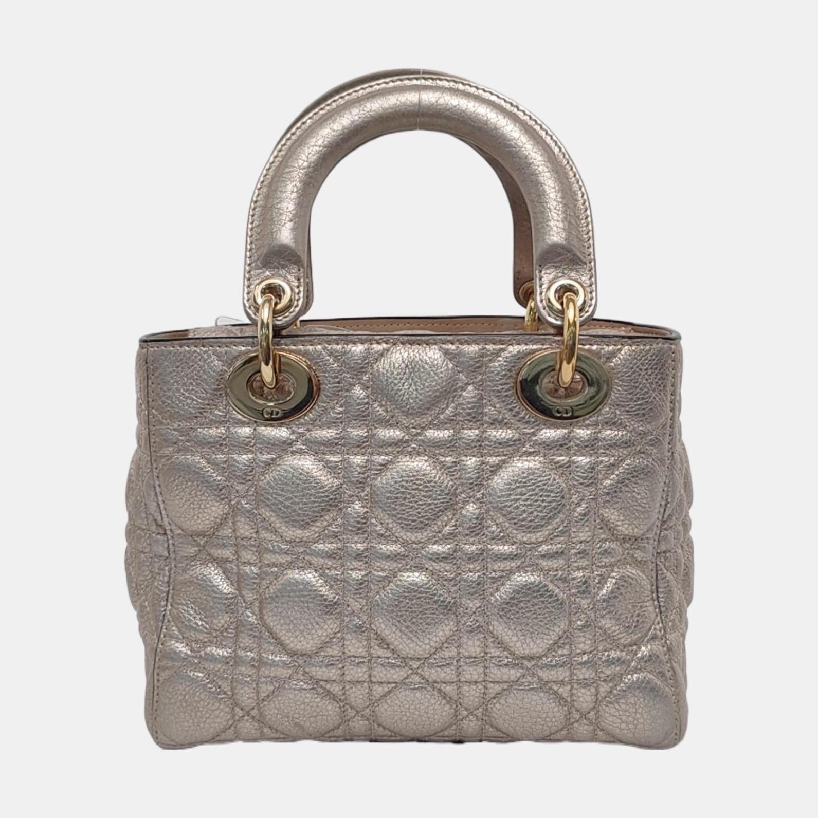 Brown Lady Dior Small Supple Calfskin Leather Gold Cannage Handbag with Strap For Sale