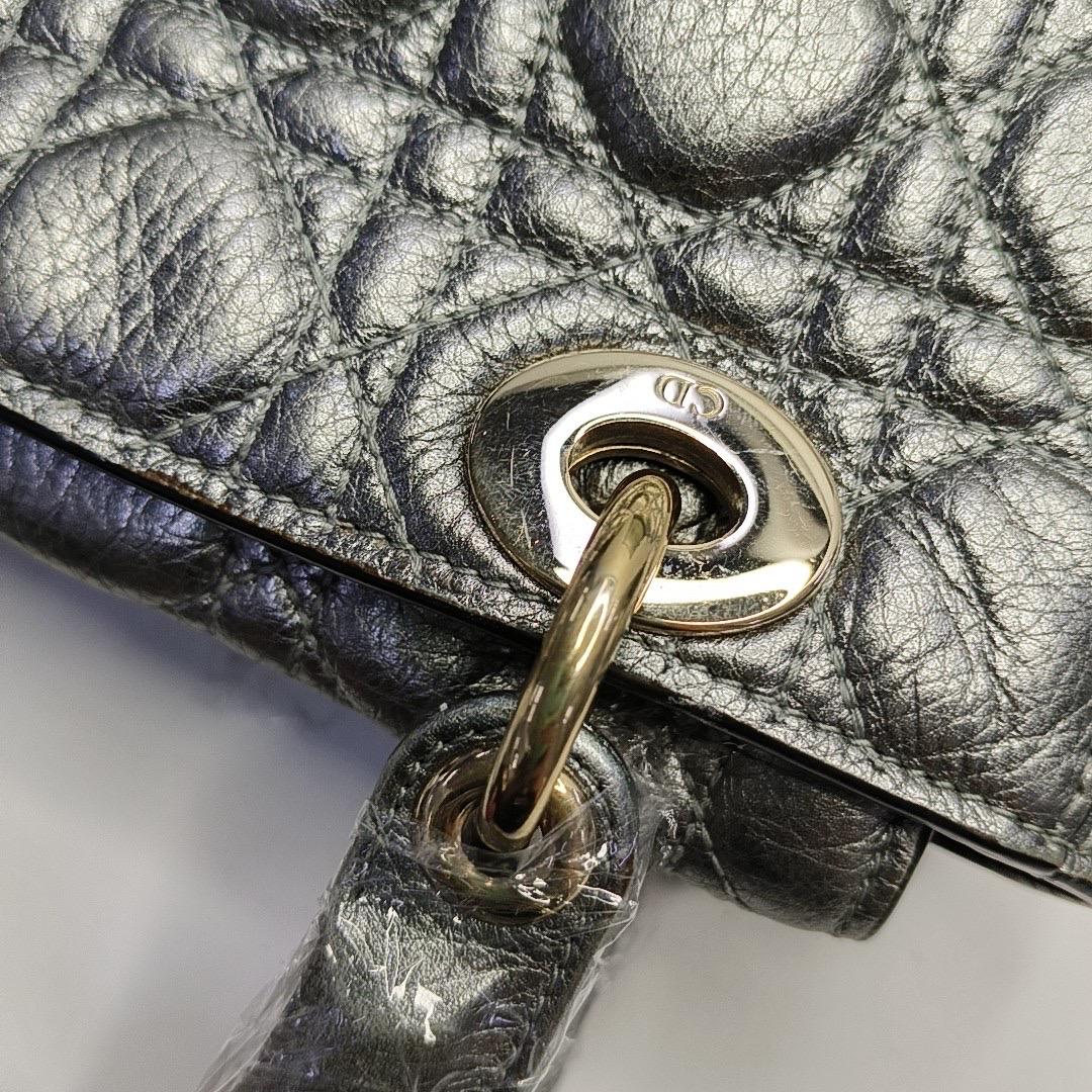 Lady Dior Small Supple Calfskin Leather Metallic Grey Cannage Handbag with Strap For Sale 5