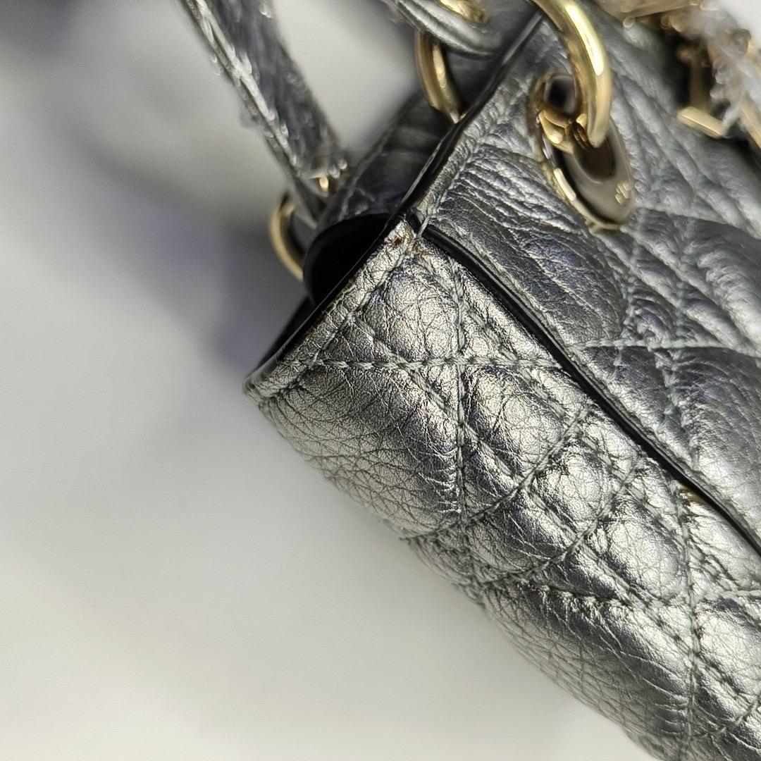Lady Dior Small Supple Calfskin Leather Metallic Grey Cannage Handbag with Strap For Sale 8