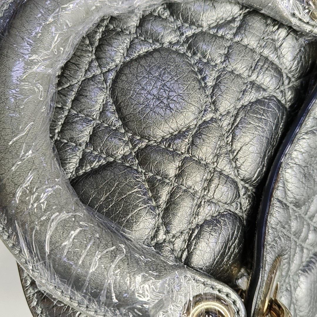 Lady Dior Small Supple Calfskin Leather Metallic Grey Cannage Handbag with Strap For Sale 13