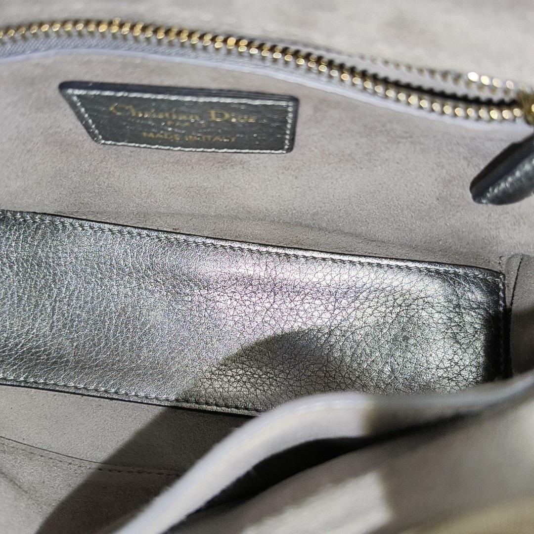 Lady Dior Small Supple Calfskin Leather Metallic Grey Cannage Handbag with Strap For Sale 14