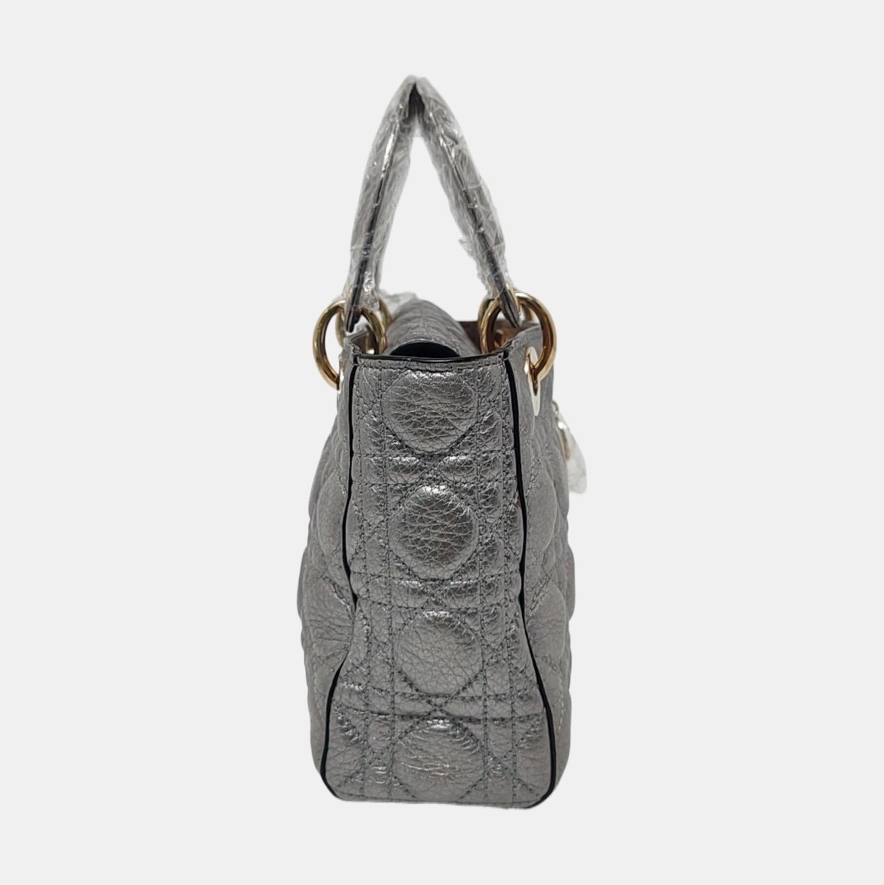 Gray Lady Dior Small Supple Calfskin Leather Metallic Grey Cannage Handbag with Strap For Sale