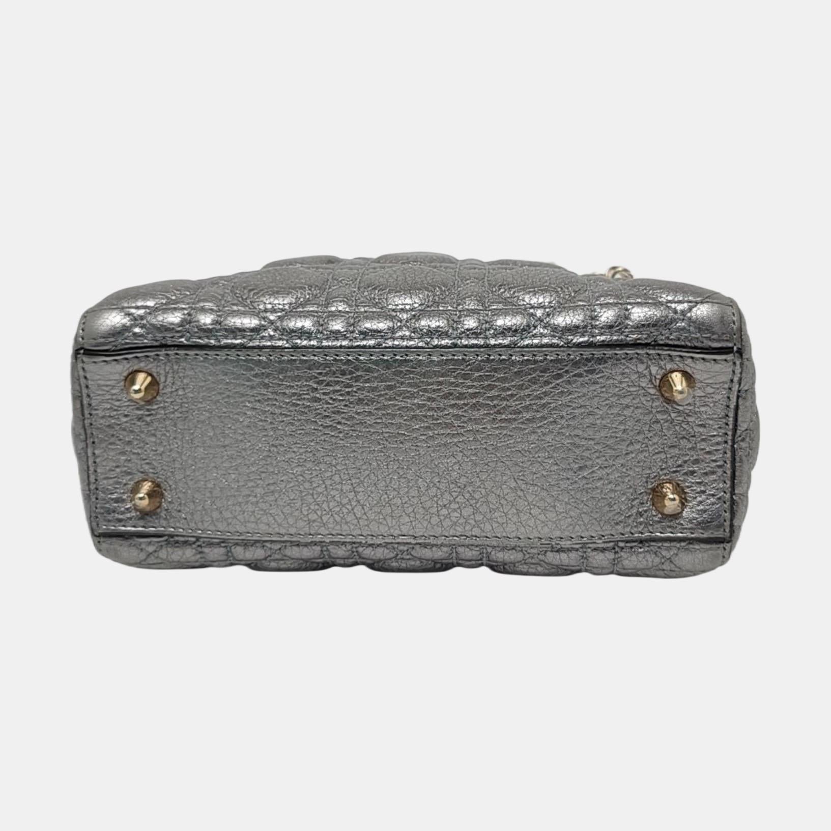 Women's Lady Dior Small Supple Calfskin Leather Metallic Grey Cannage Handbag with Strap For Sale
