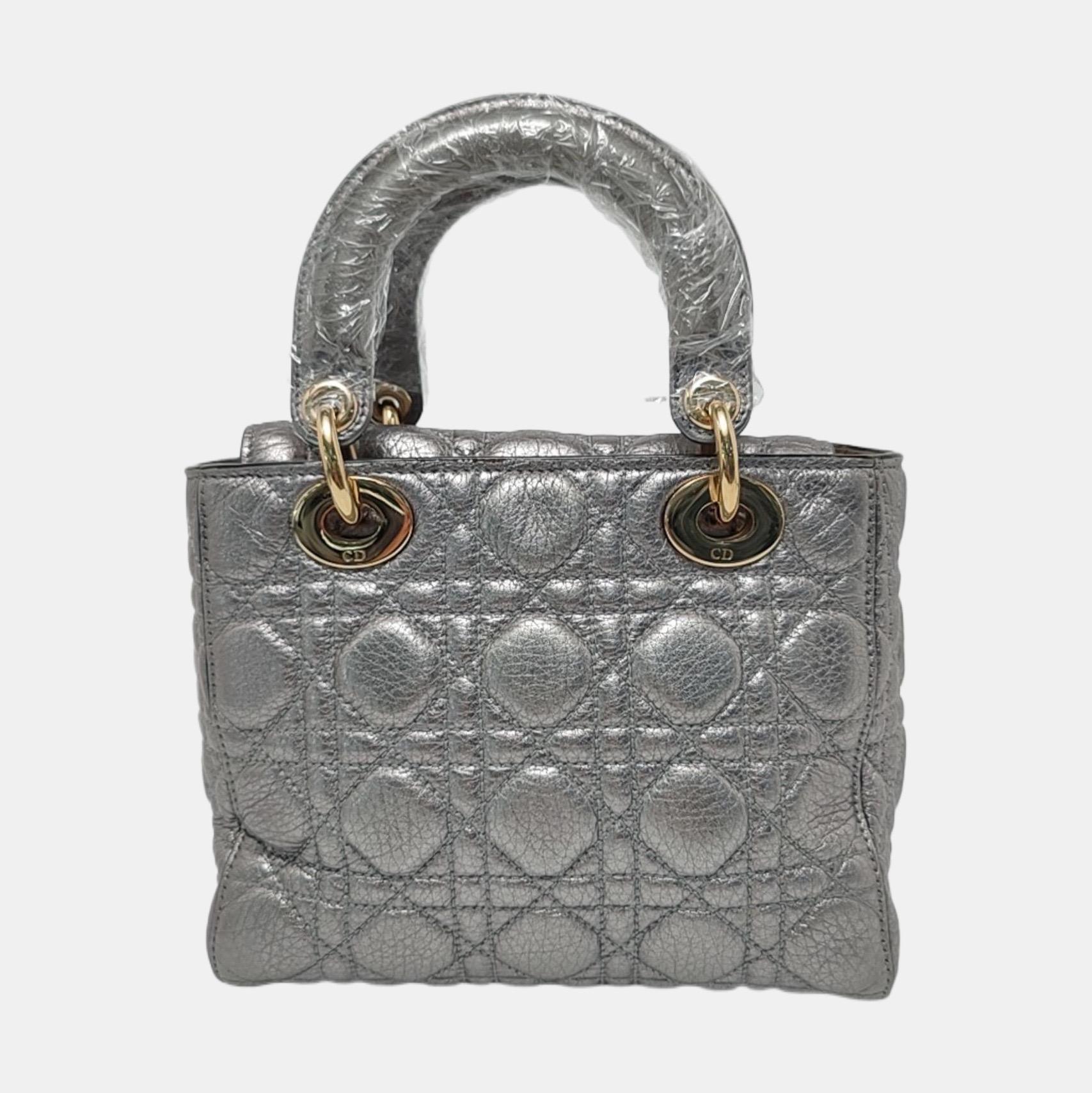 Lady Dior Small Supple Calfskin Leather Metallic Grey Cannage Handbag with Strap For Sale 1