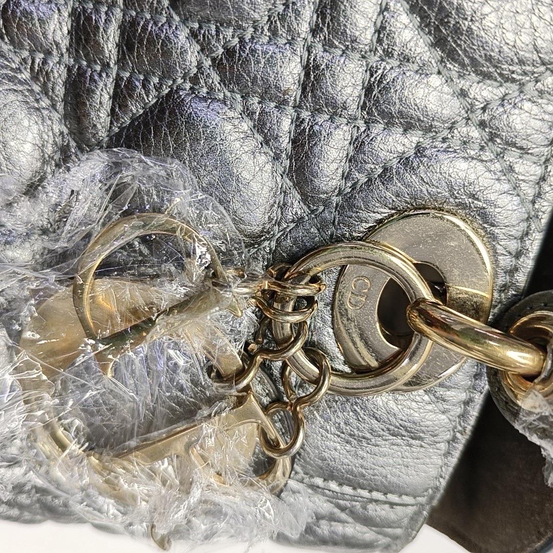 Lady Dior Small Supple Calfskin Leather Metallic Grey Cannage Handbag with Strap For Sale 3