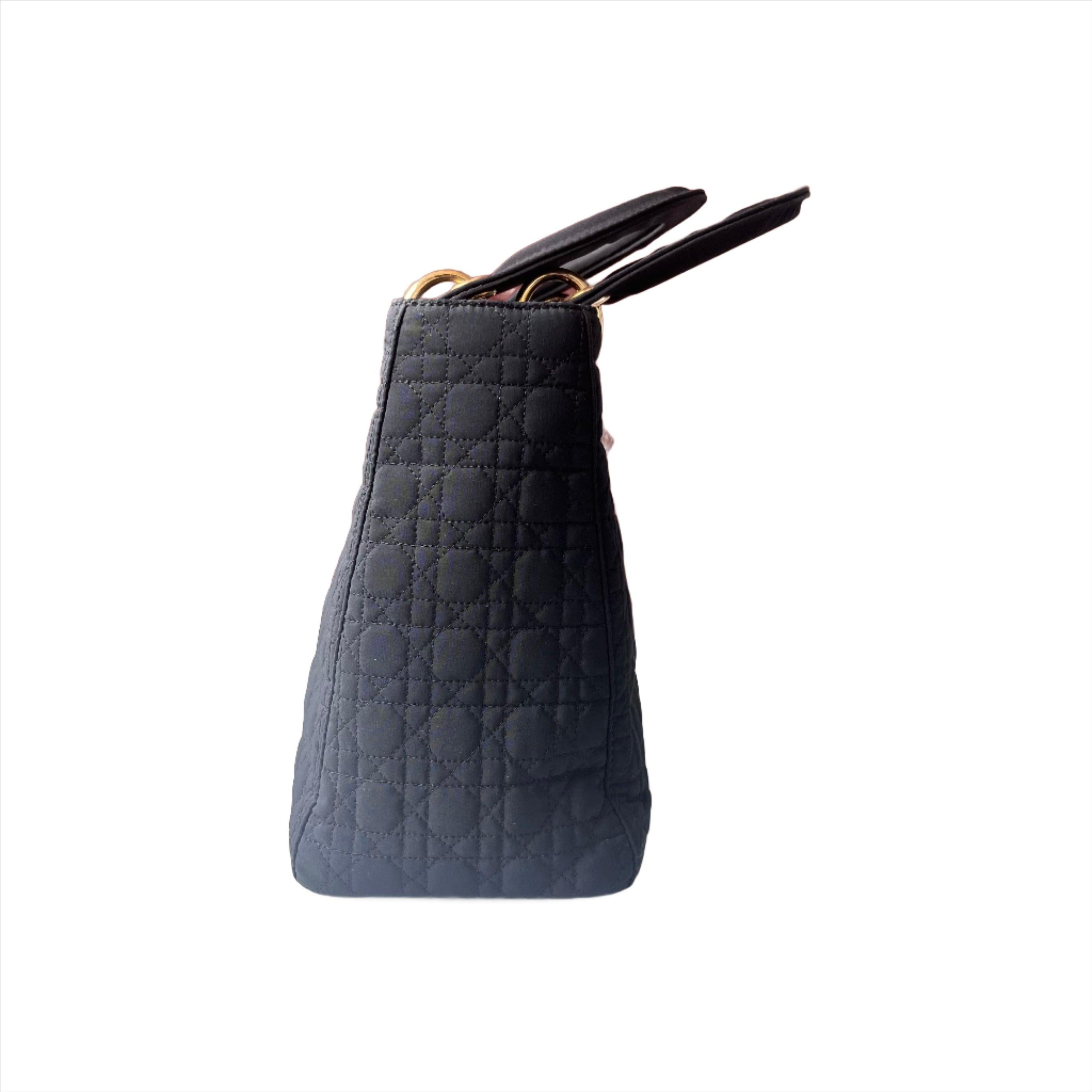Lady Dior Vintage Medium Black Cloth with Yellow Gold-tone Hardware In Good Condition In AUBERVILLIERS, FR