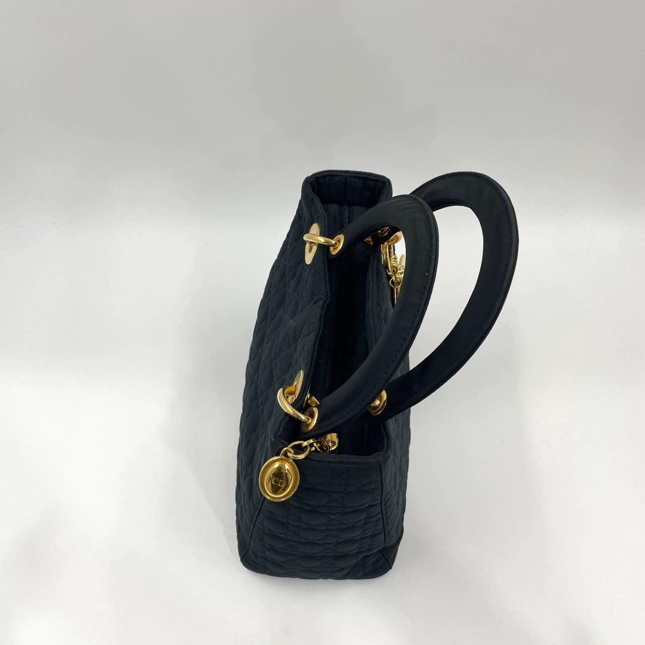 Women's Lady Dior Vintage Medium Black Cloth with Yellow Gold-tone Hardware