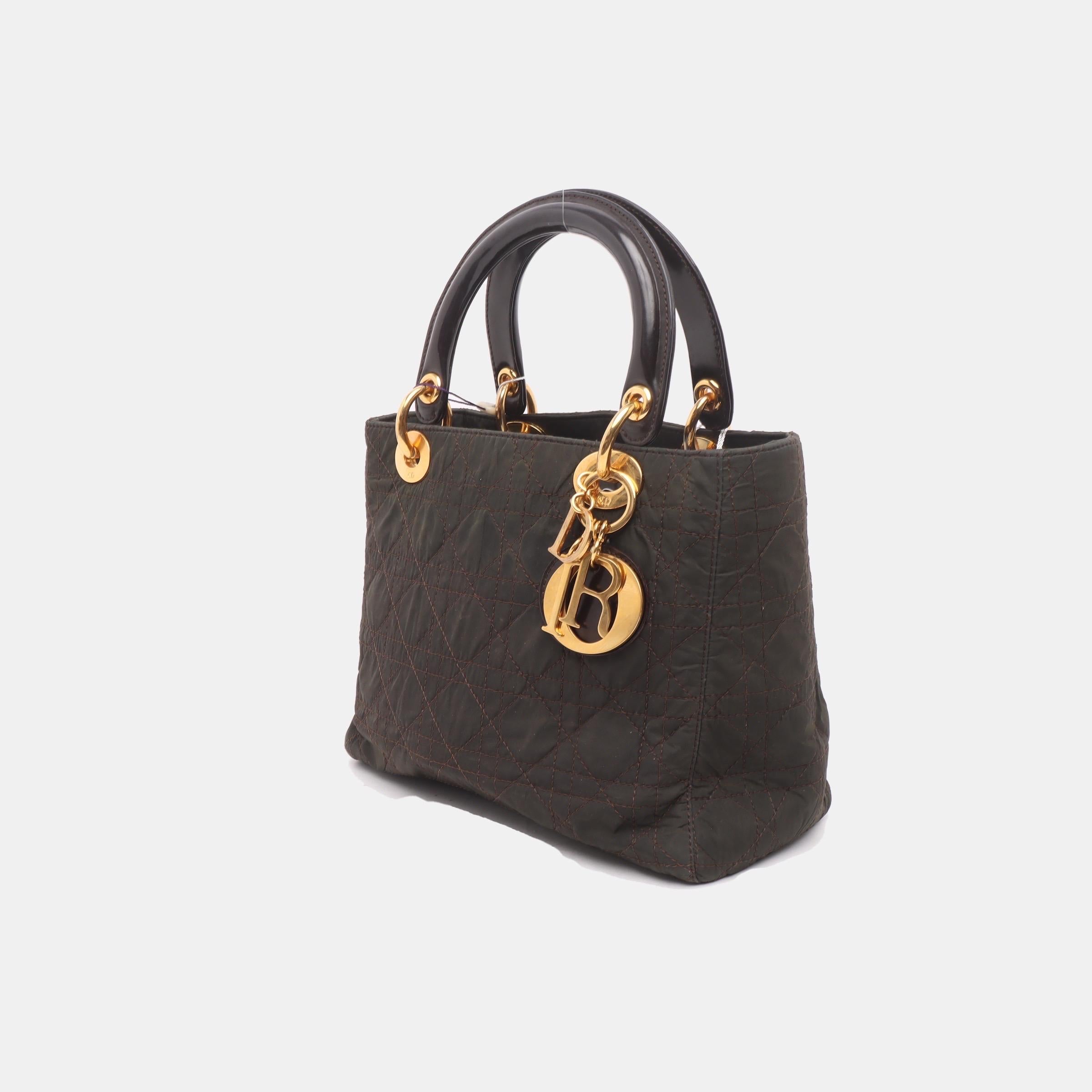 Black Lady Dior Vintage Medium Brown Nylon Cloth with Yellow Gold-tone Hardware For Sale