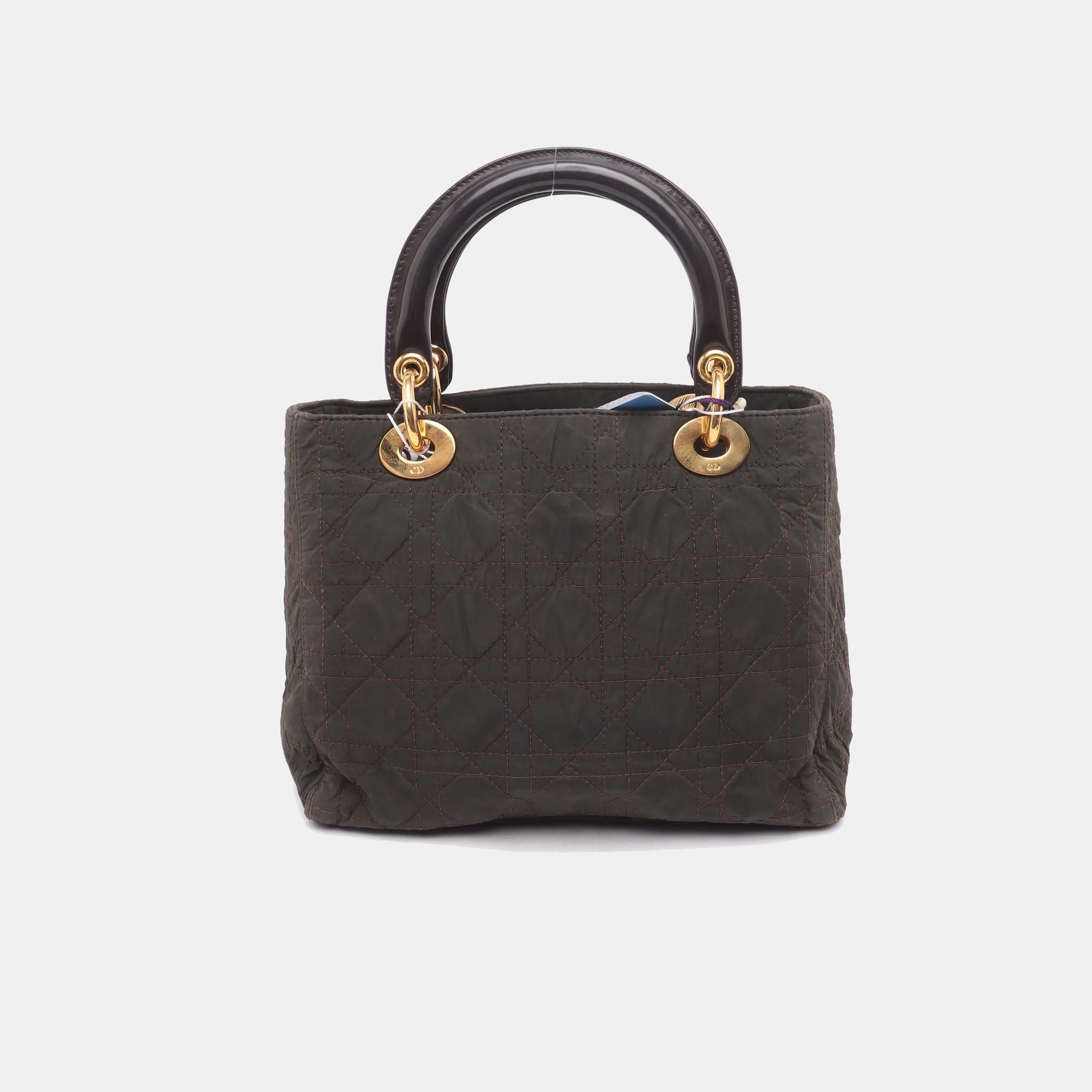 Lady Dior Vintage Medium Brown Nylon Cloth with Yellow Gold-tone Hardware In Fair Condition For Sale In AUBERVILLIERS, FR