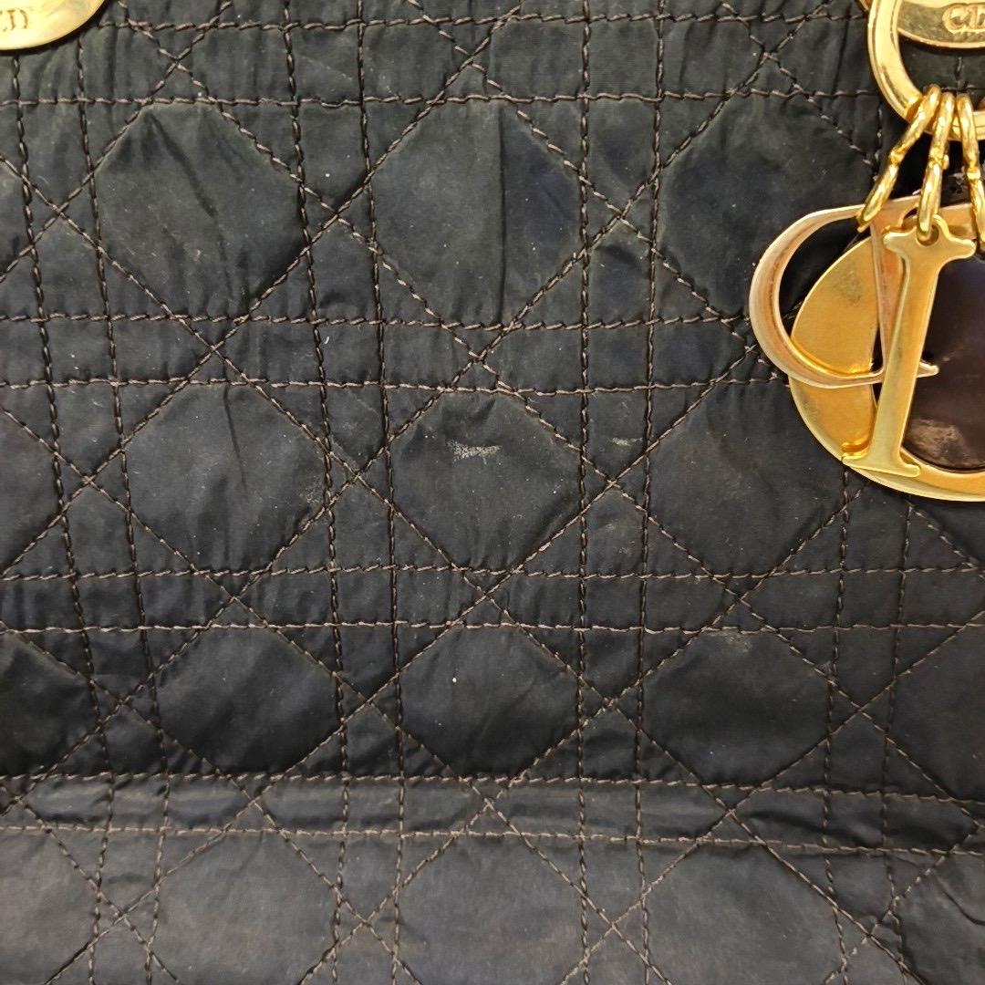Lady Dior Vintage Medium Brown Nylon Cloth with Yellow Gold-tone Hardware For Sale 1