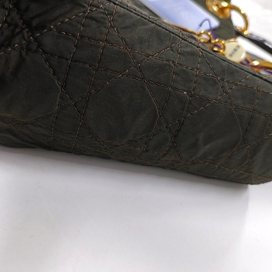Lady Dior Vintage Medium Brown Nylon Cloth with Yellow Gold-tone Hardware For Sale 4