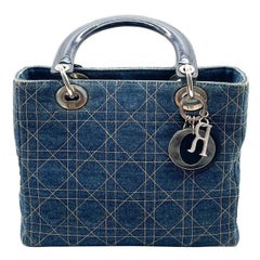 Lady Dior Vintage Medium Navy Blue Jeans Silver Hardware