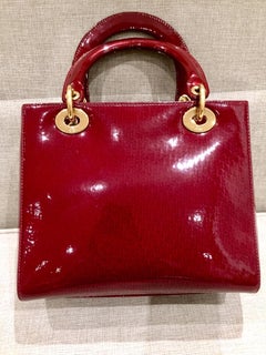 Lady Dior Vintage Medium Red Patent Leather Monogram Embossed Gold Hardware