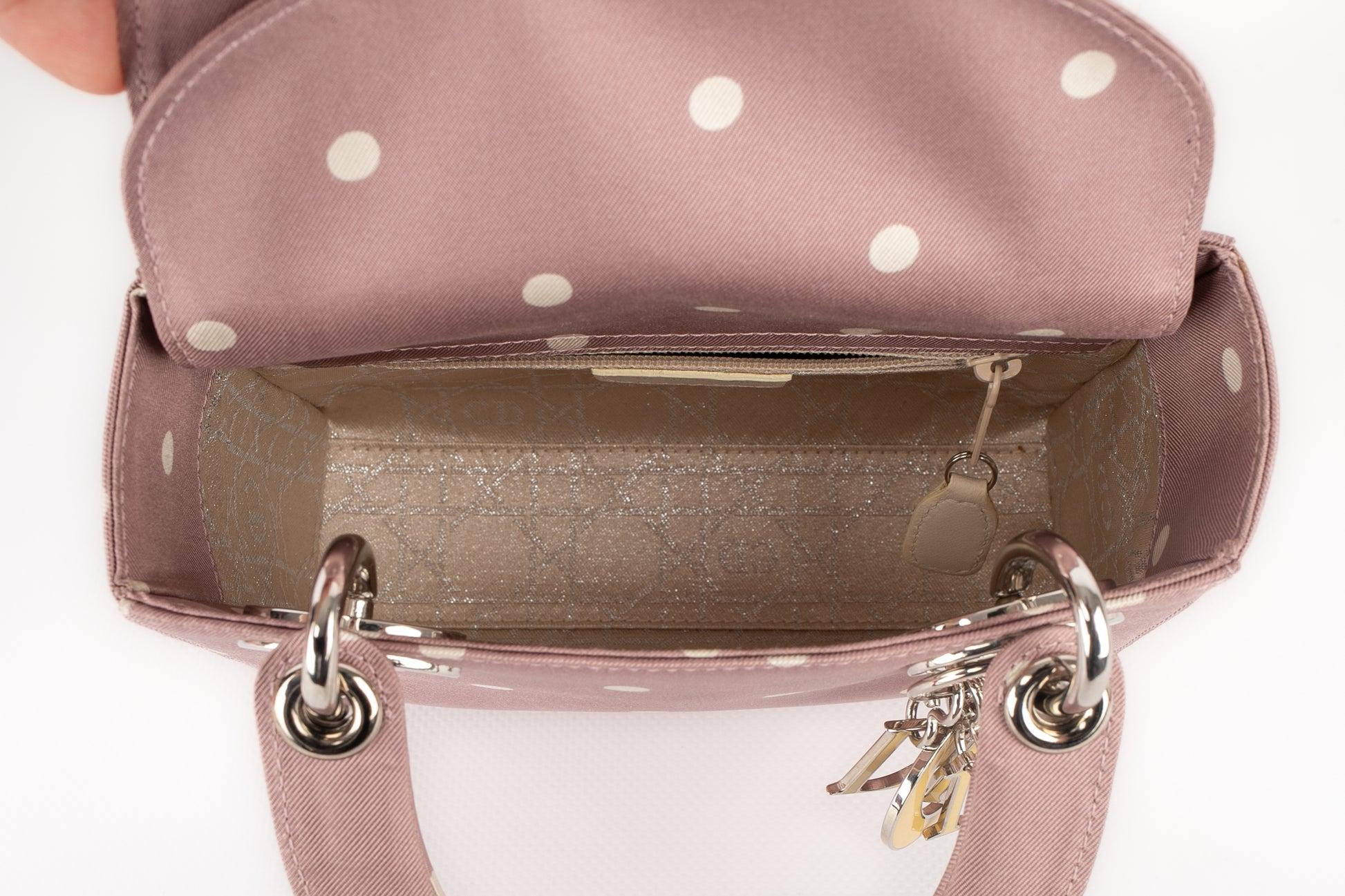 Lady Drio Mini Bag Made of Mauve Silk with White Dots, 1997 For Sale 2