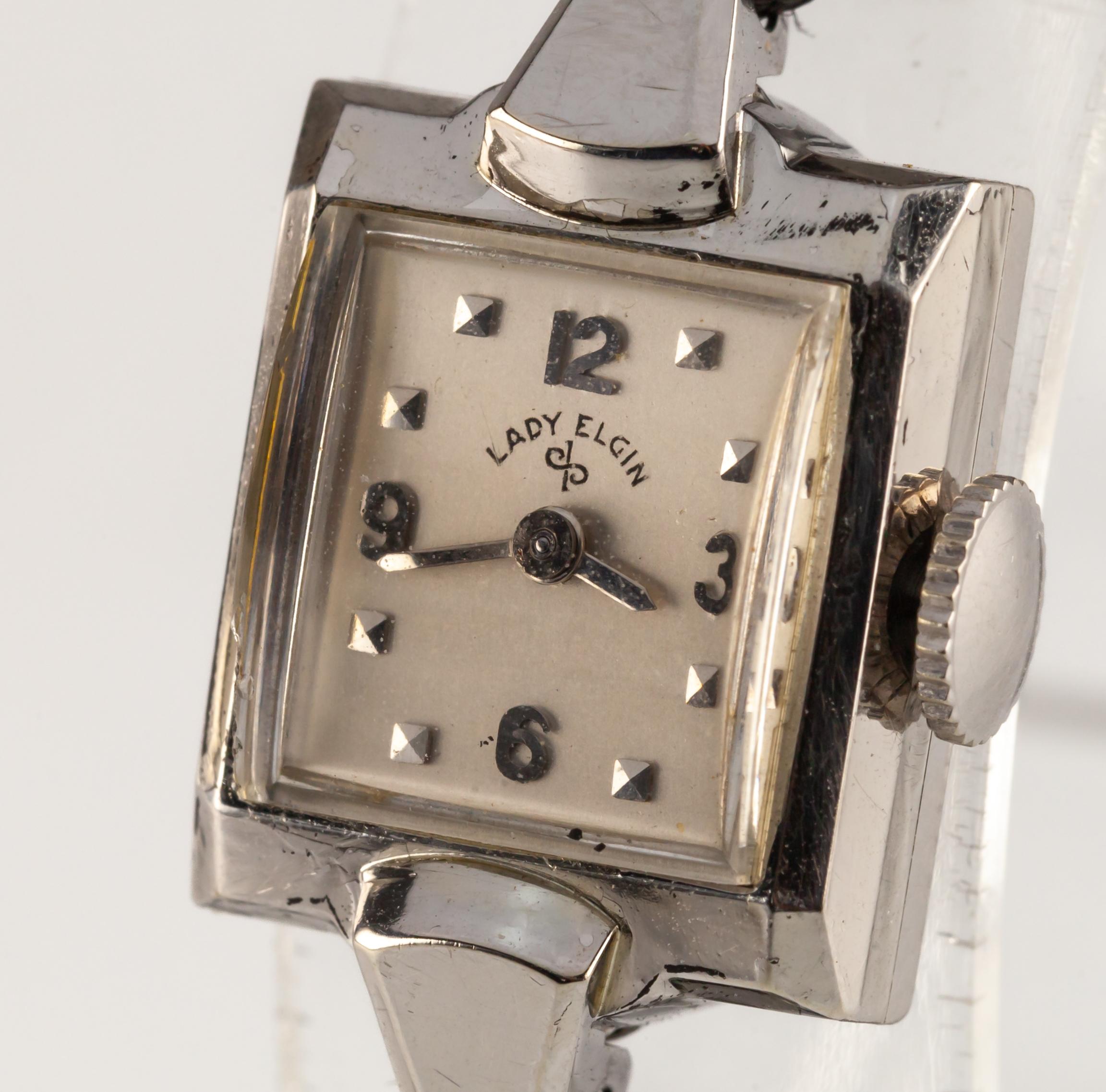 Modern Lady Elgin 14k White Gold Handwinding Wristwatch w/ Cord Band For Sale