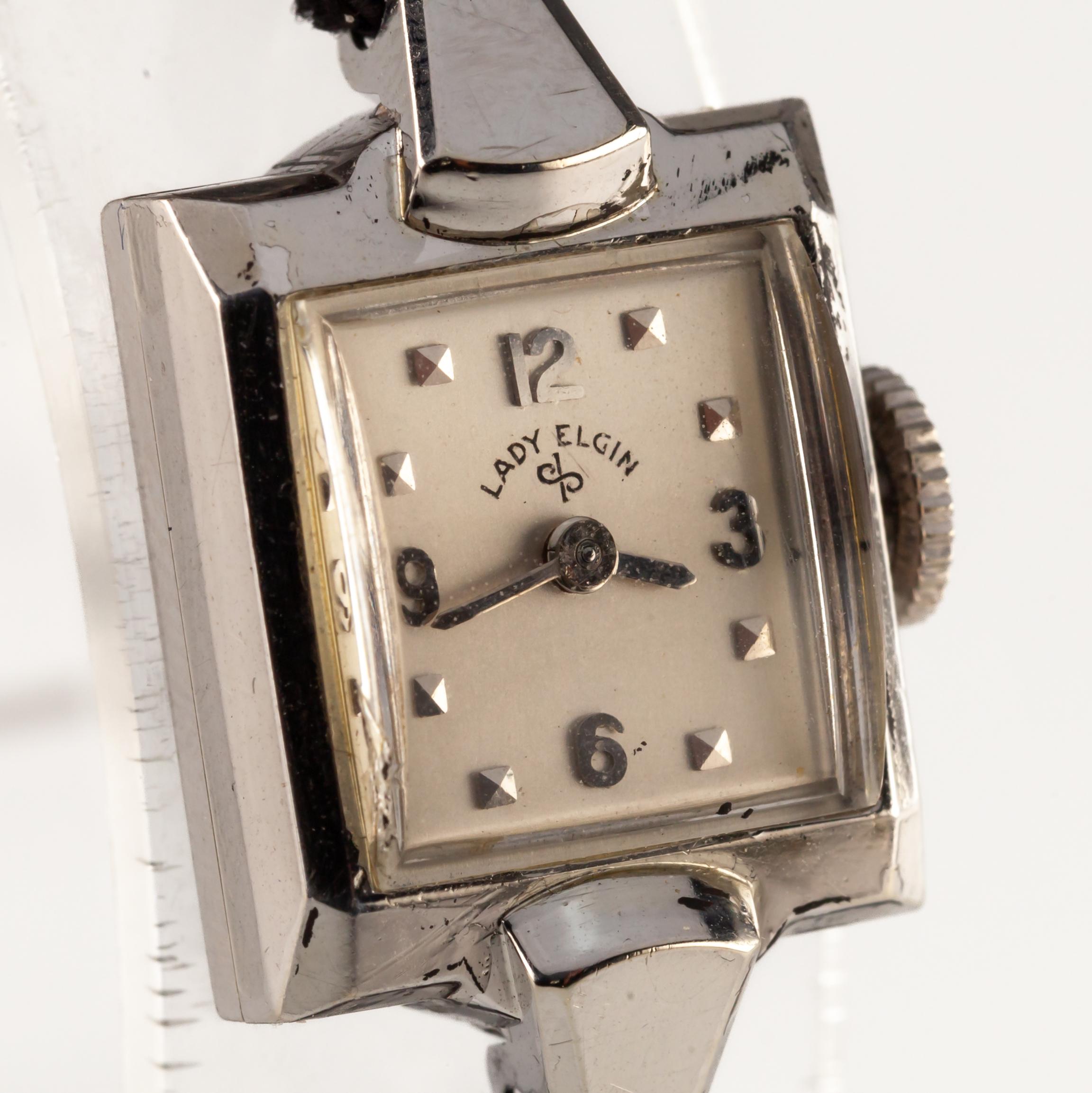Lady Elgin 14k White Gold Handwinding Wristwatch w/ Cord Band In Good Condition For Sale In Sherman Oaks, CA