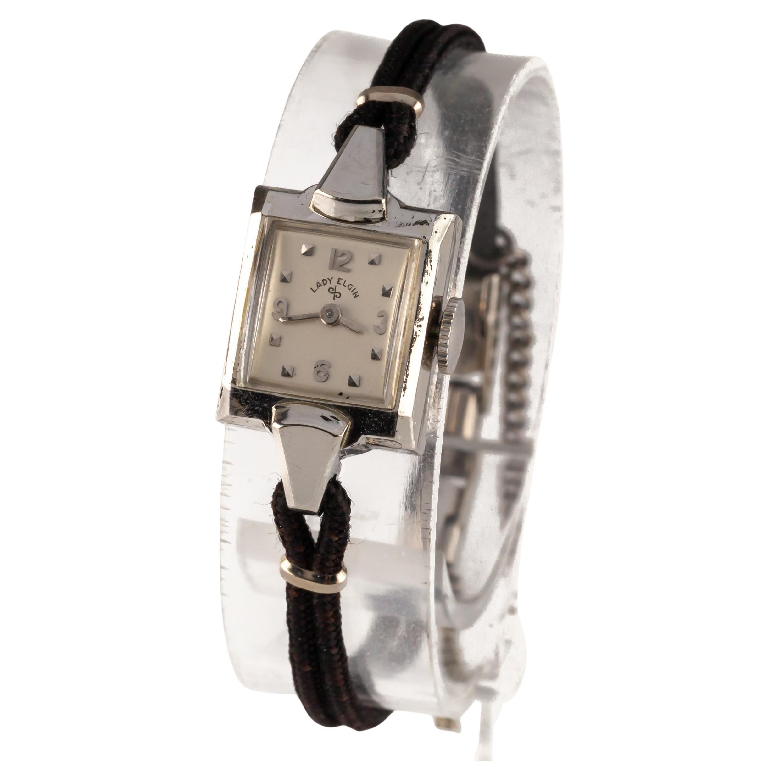 Lady Elgin 14k White Gold Handwinding Wristwatch w/ Cord Band