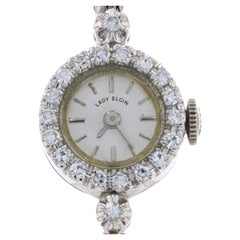 Montre-bracelet vintage Lady Elgin Diamond pour femme en or blanc 14 carats mécanique 1Yr Wnty
