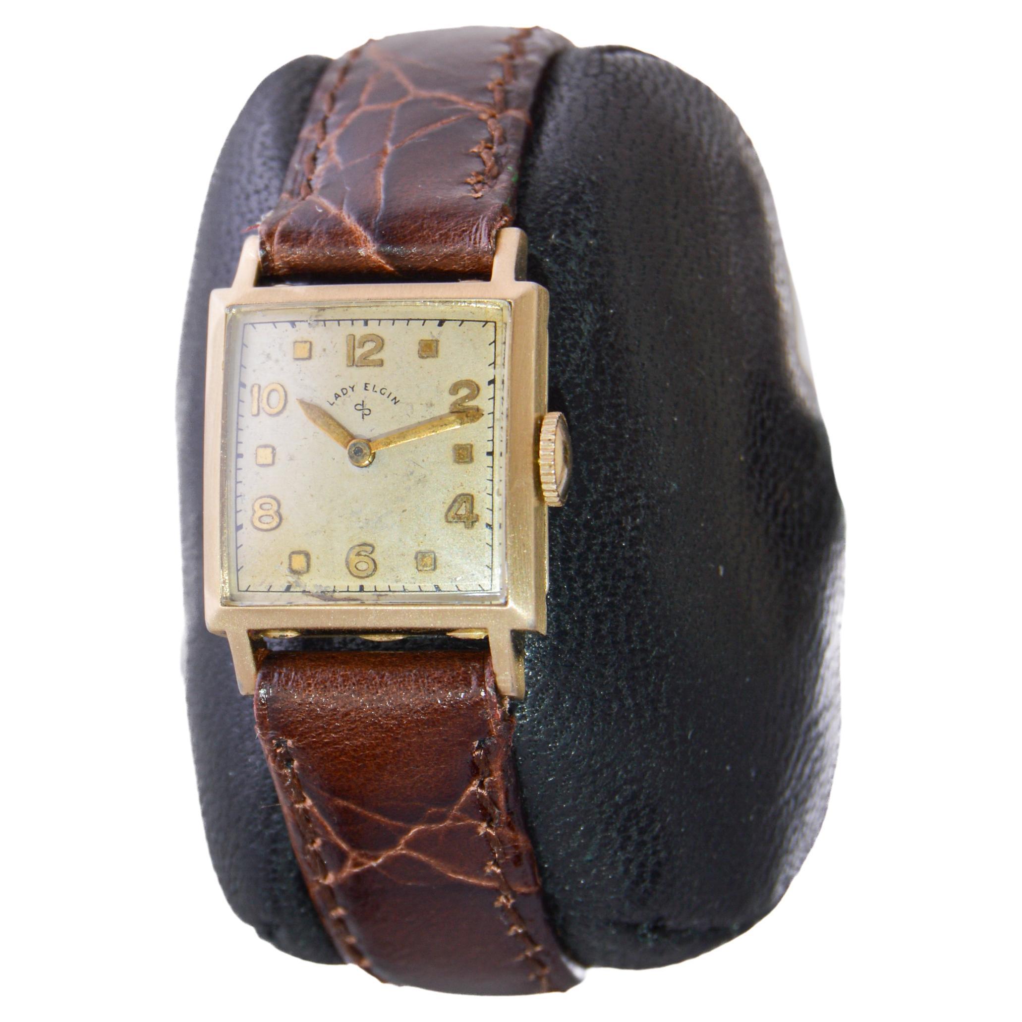 Lady Elgin Gold-Filled Art Deco Tank Watch with Original Dial from 1940's For Sale