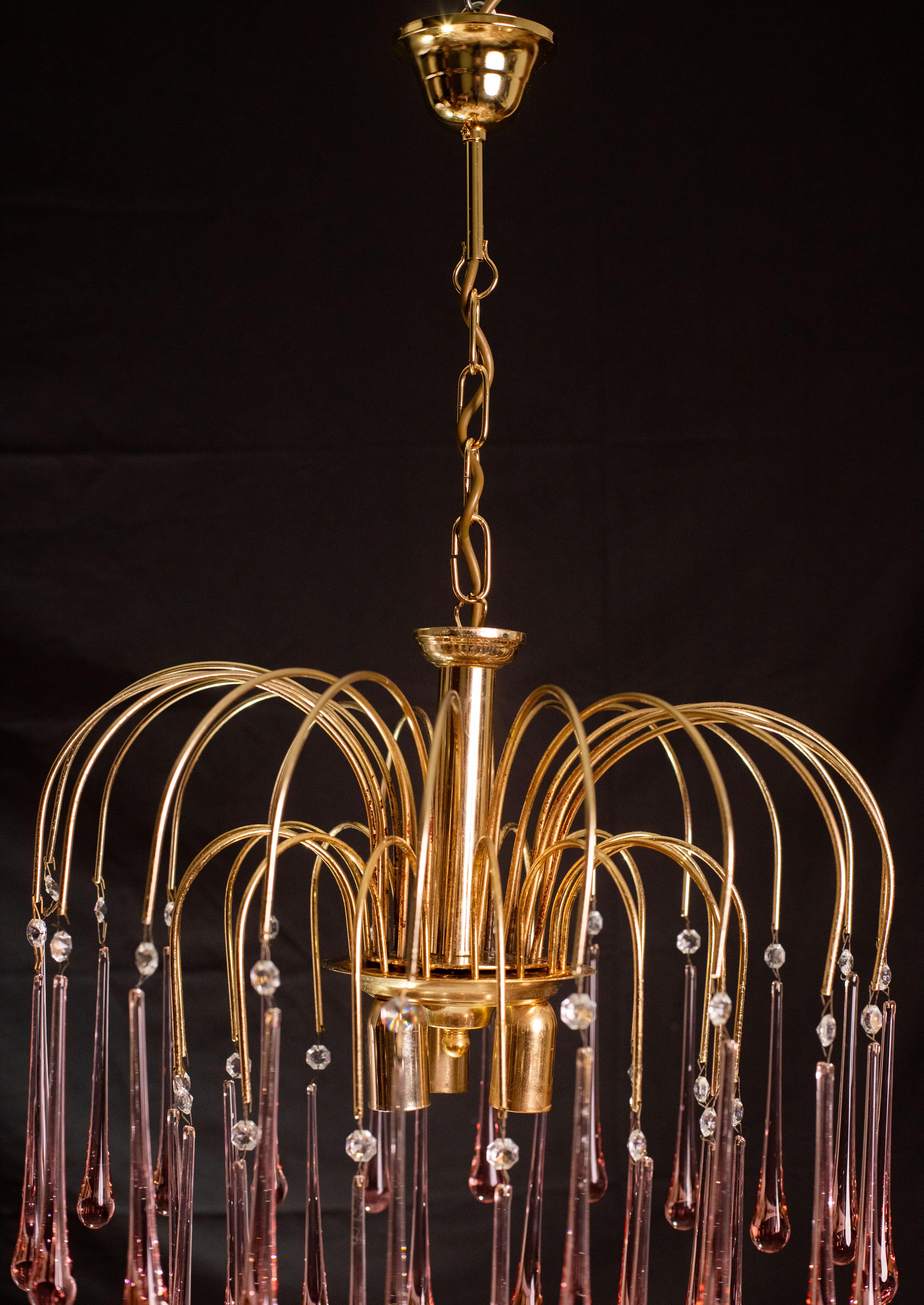 Lady Emily, Pink Drops Murano Chandelier, 1970s For Sale 5